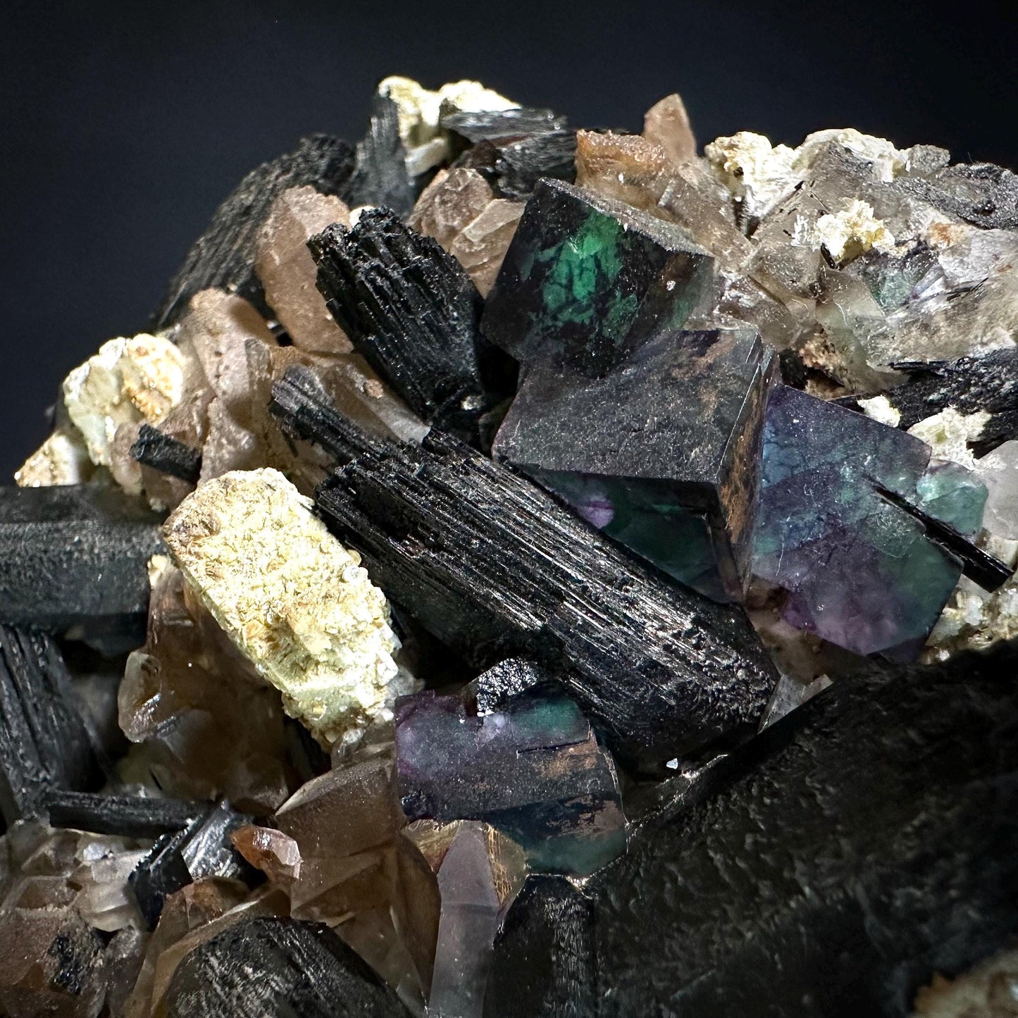 XL Smoky Quartz with Fluorite, Hyalite Opal, Black Tourmaline, & Feldspar | Crystal Cluster from Namibia
