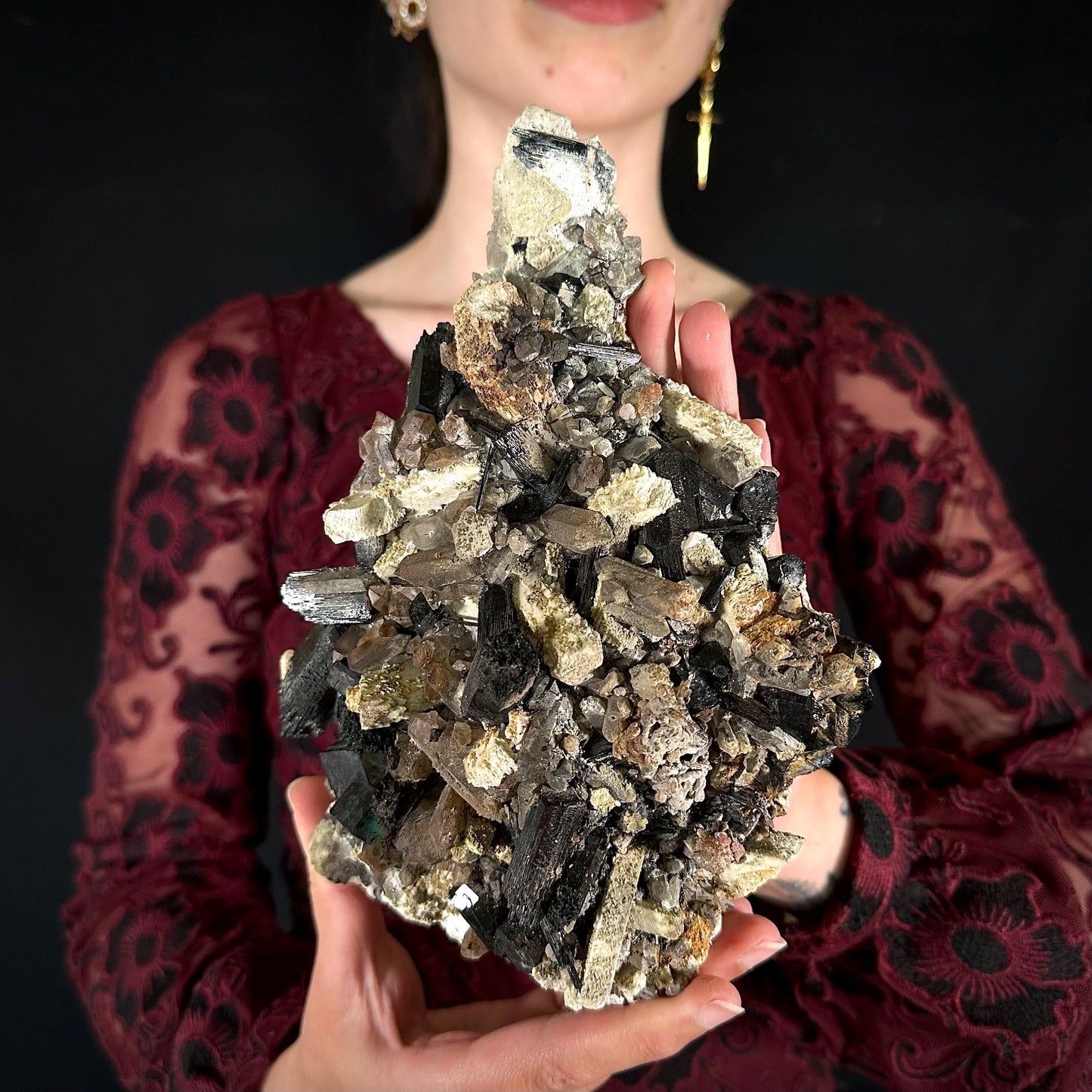 XL Smoky Quartz with Fluorite, Hyalite Opal, Black Tourmaline, & Feldspar | Crystal Cluster from Namibia