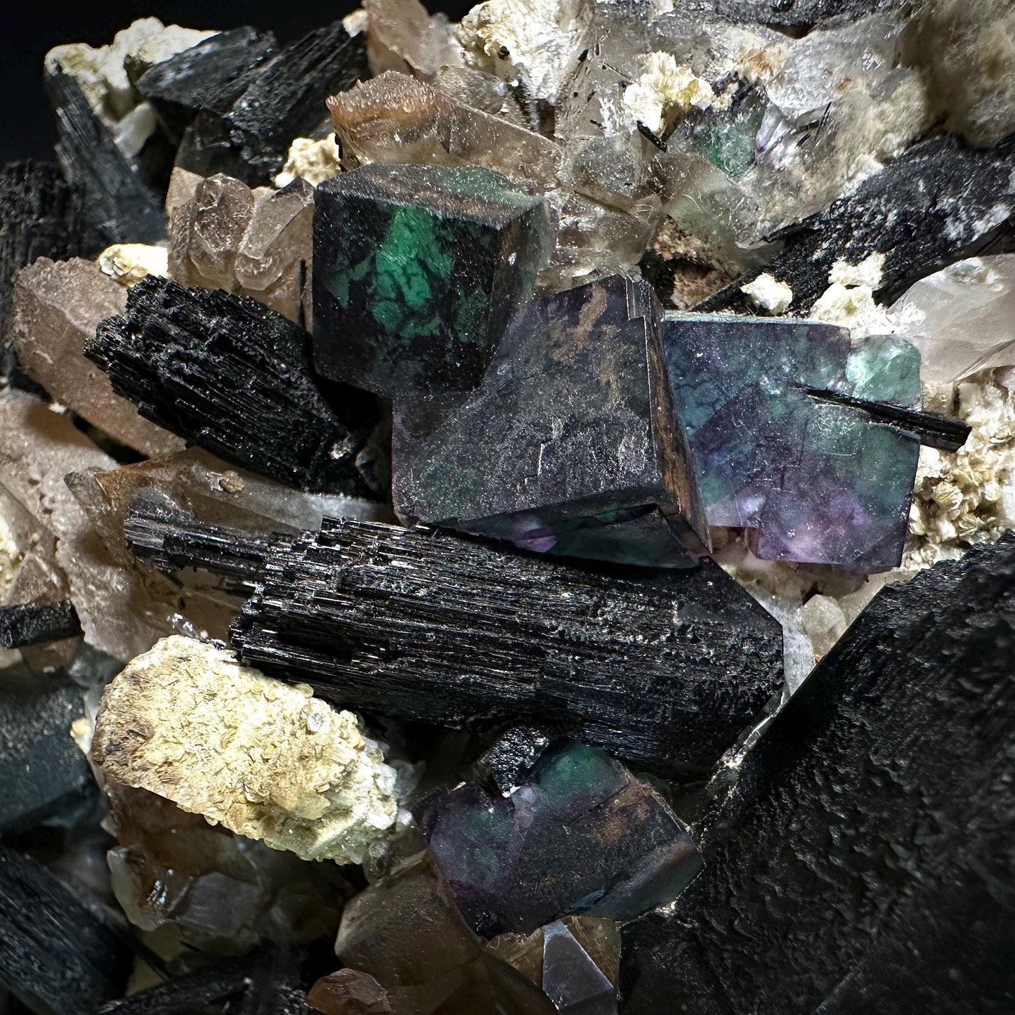 XL Smoky Quartz with Fluorite, Hyalite Opal, Black Tourmaline, & Feldspar | Crystal Cluster from Namibia