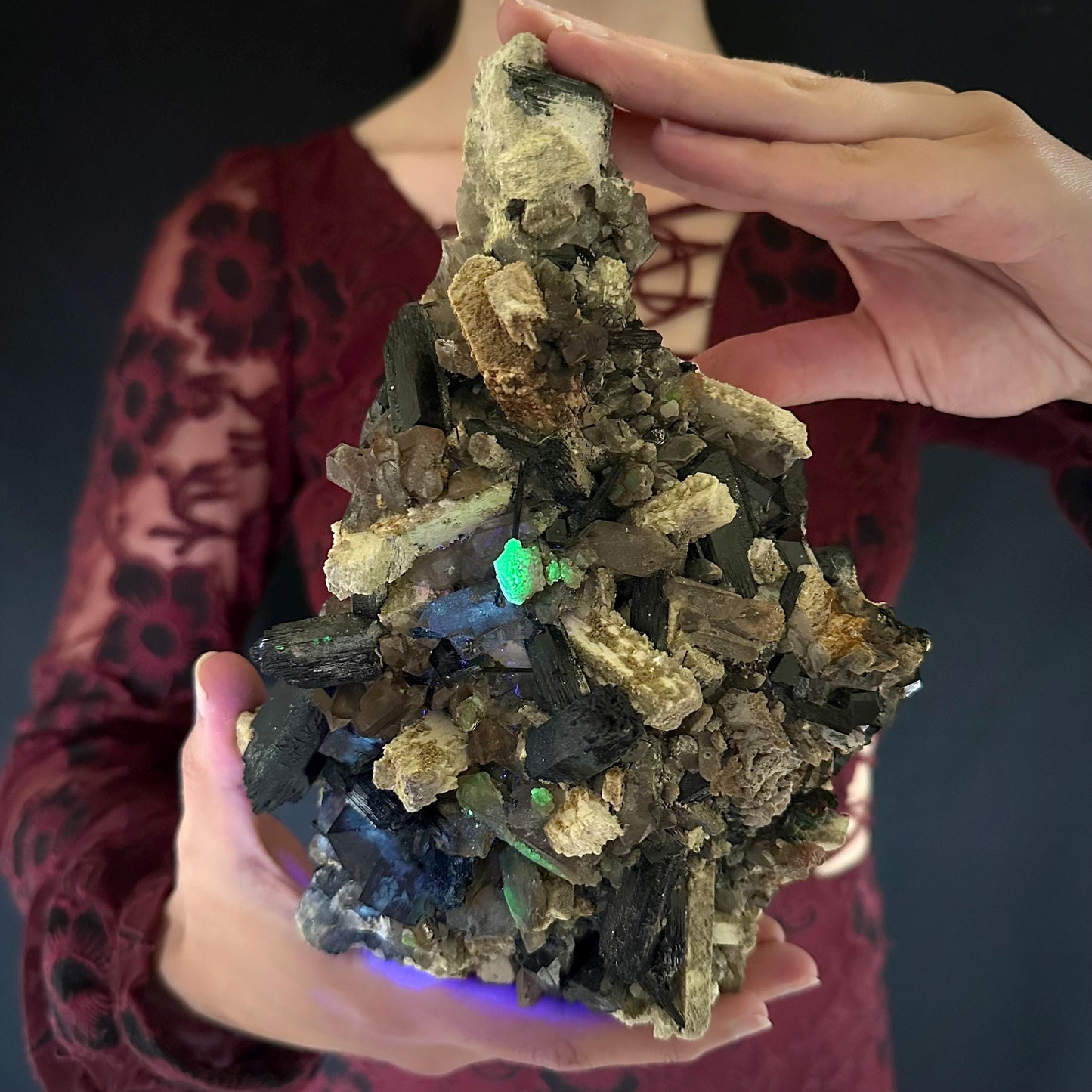 XL Smoky Quartz with Fluorite, Hyalite Opal, Black Tourmaline, & Feldspar | Crystal Cluster from Namibia