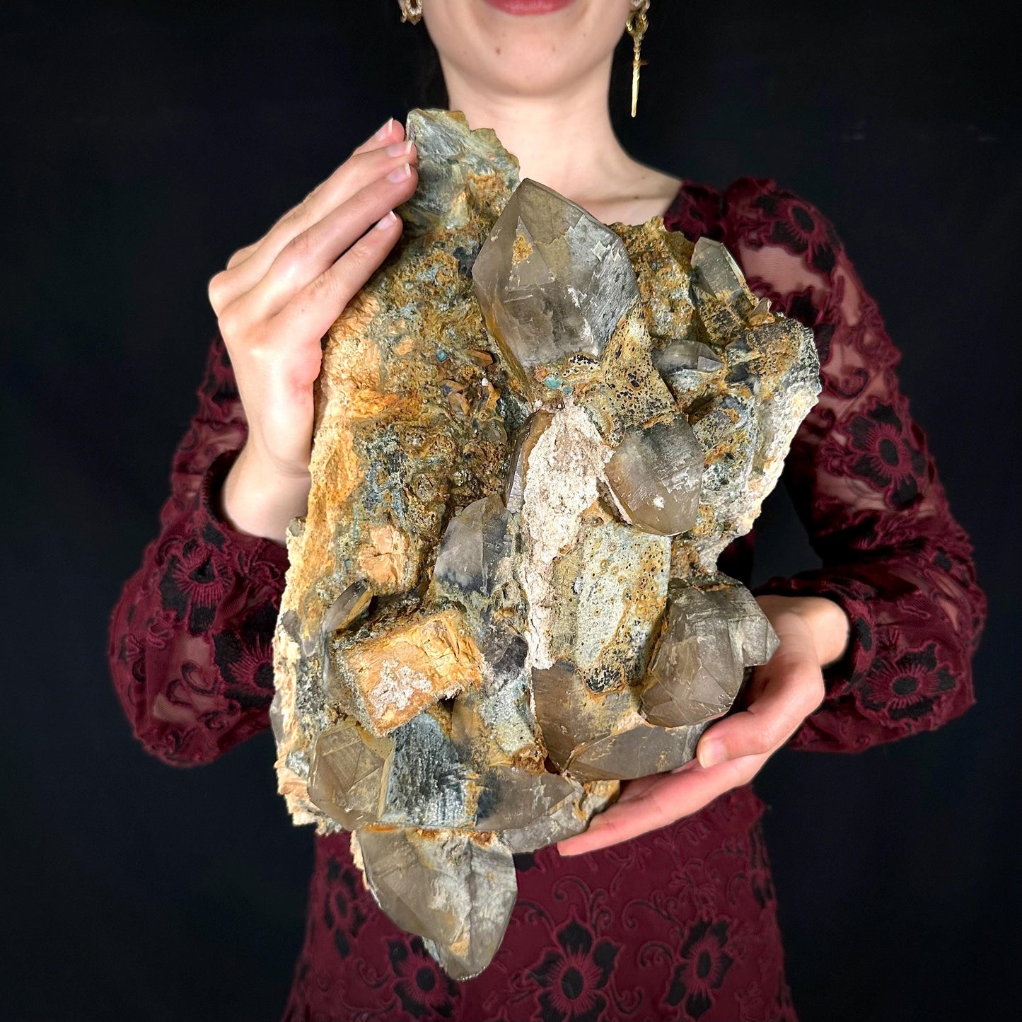 MASSIVE Smoky Quartz with Fluorite, Hyalite Opal, Foitite, & Feldspar | Crystal Cluster from Namibia