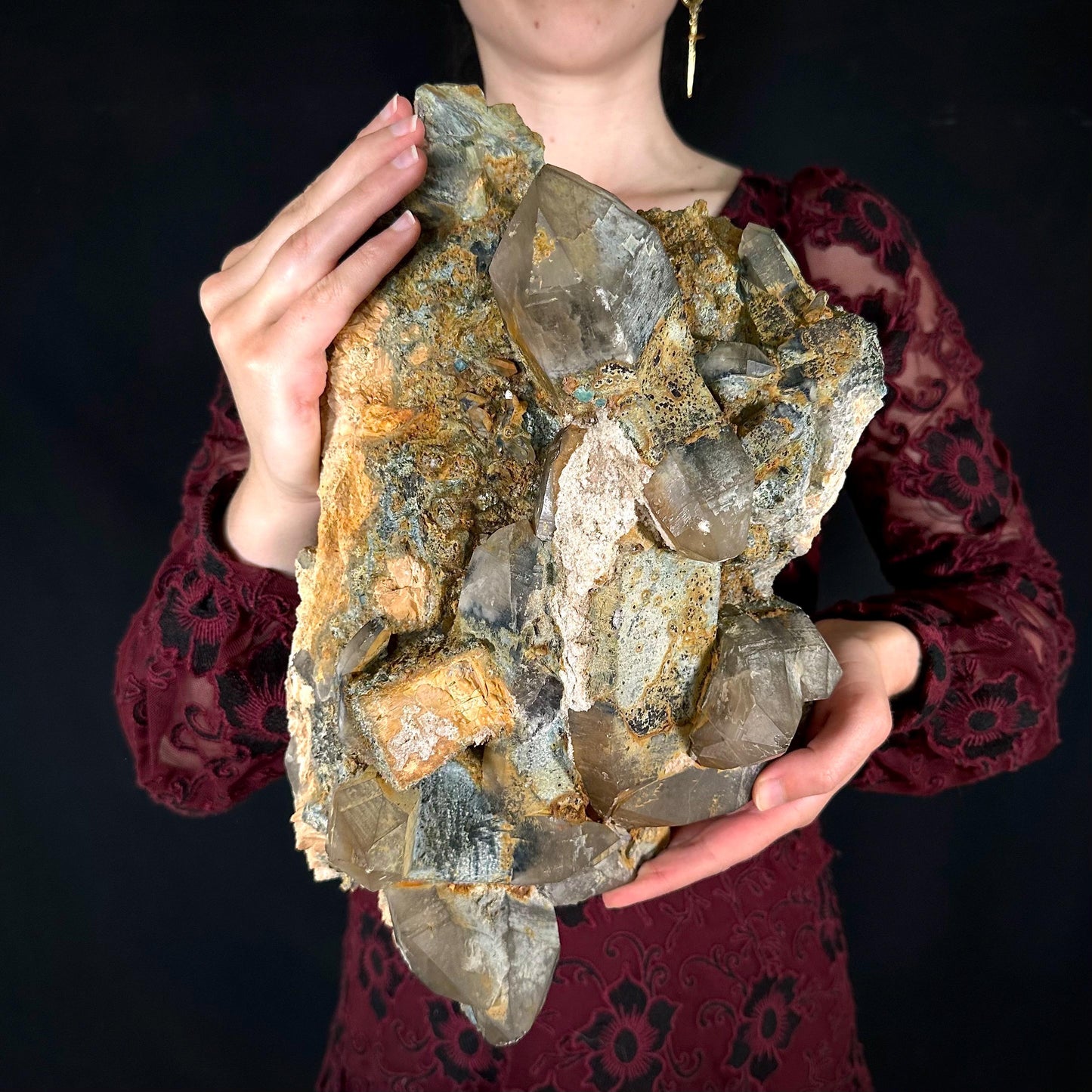 MASSIVE Smoky Quartz with Fluorite, Hyalite Opal, Foitite, & Feldspar | Crystal Cluster from Namibia