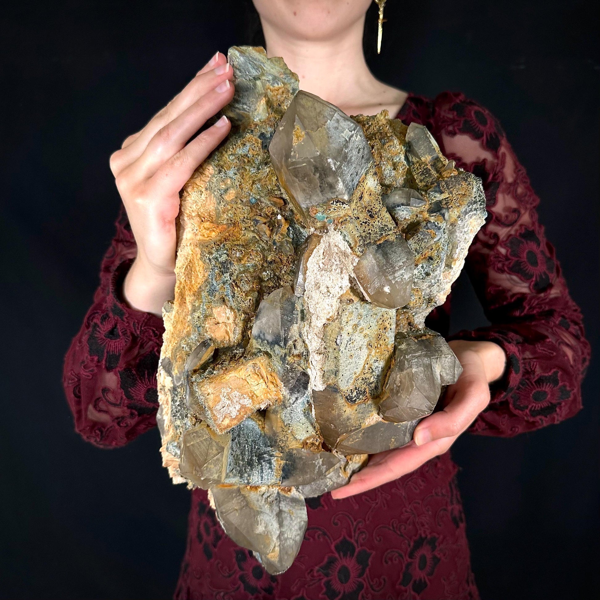 MASSIVE Smoky Quartz with Fluorite, Hyalite Opal, Foitite, & Feldspar | Crystal Cluster from Namibia