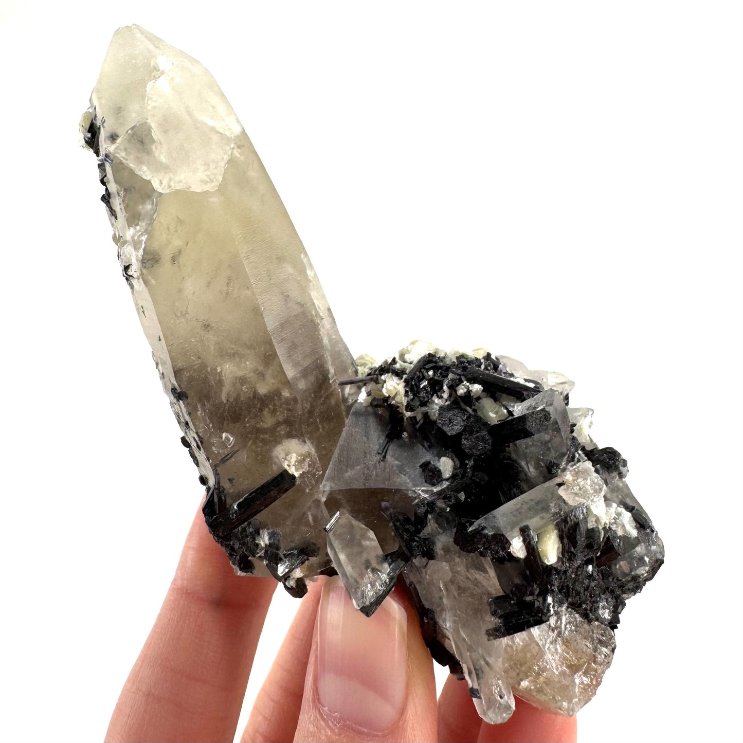 Black Tourmaline on Smoky Quartz | schorl crystal cluster, mineral specimen from Namibia