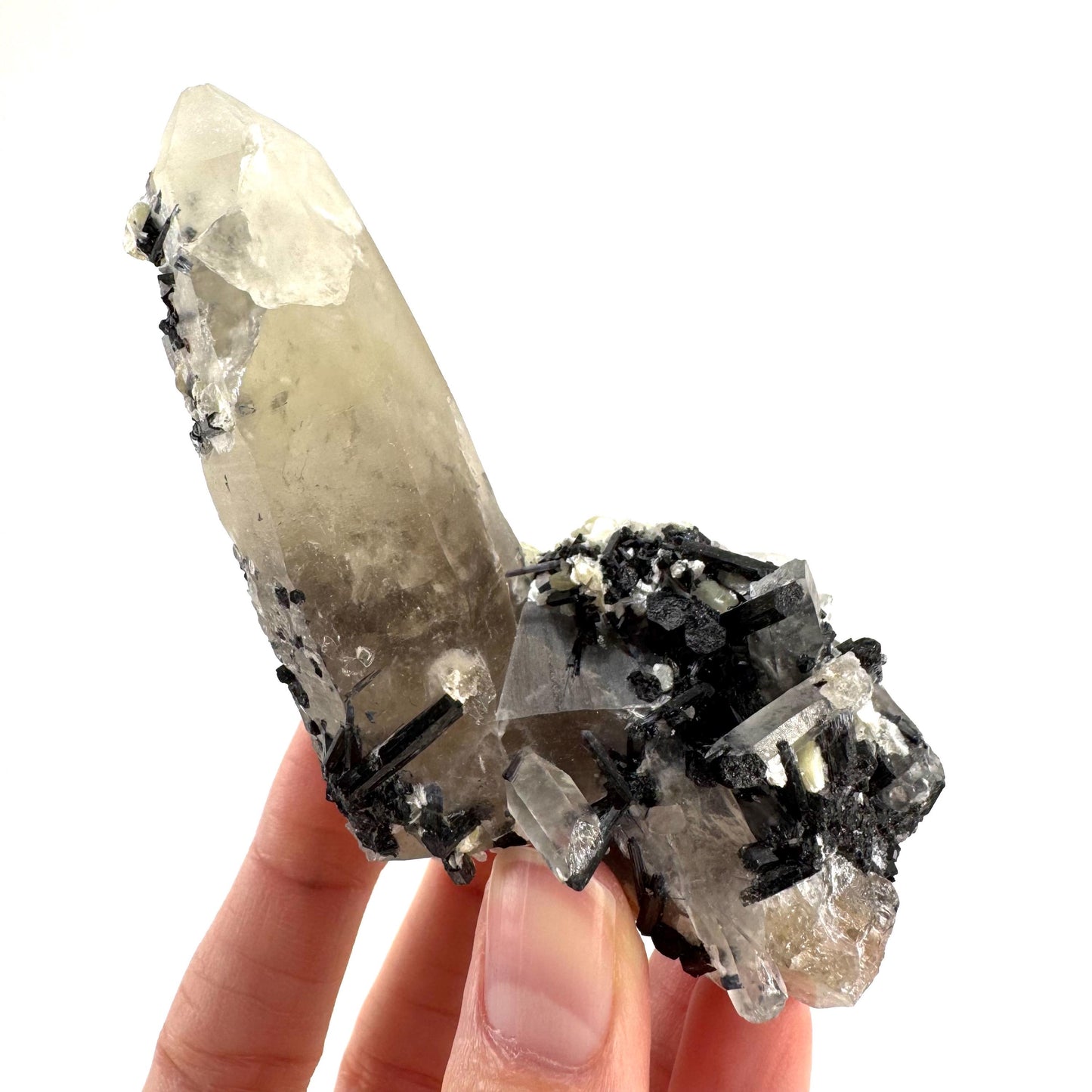 Black Tourmaline on Smoky Quartz | schorl crystal cluster, mineral specimen from Namibia