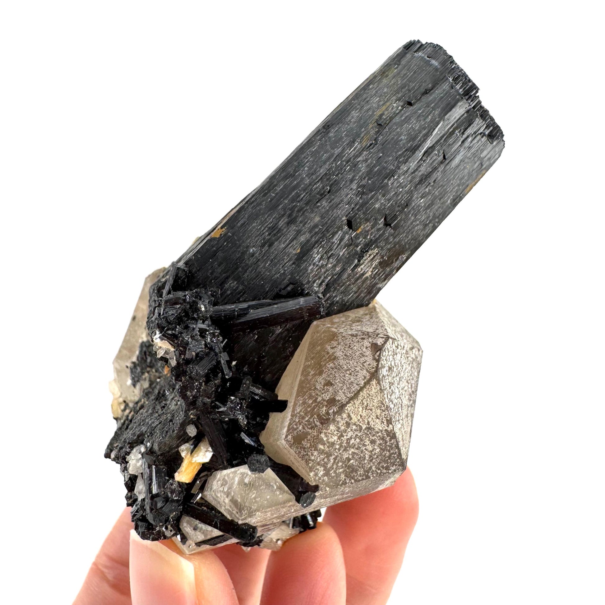 Black Tourmaline on Smoky Quartz | schorl crystal cluster, mineral specimen from Namibia