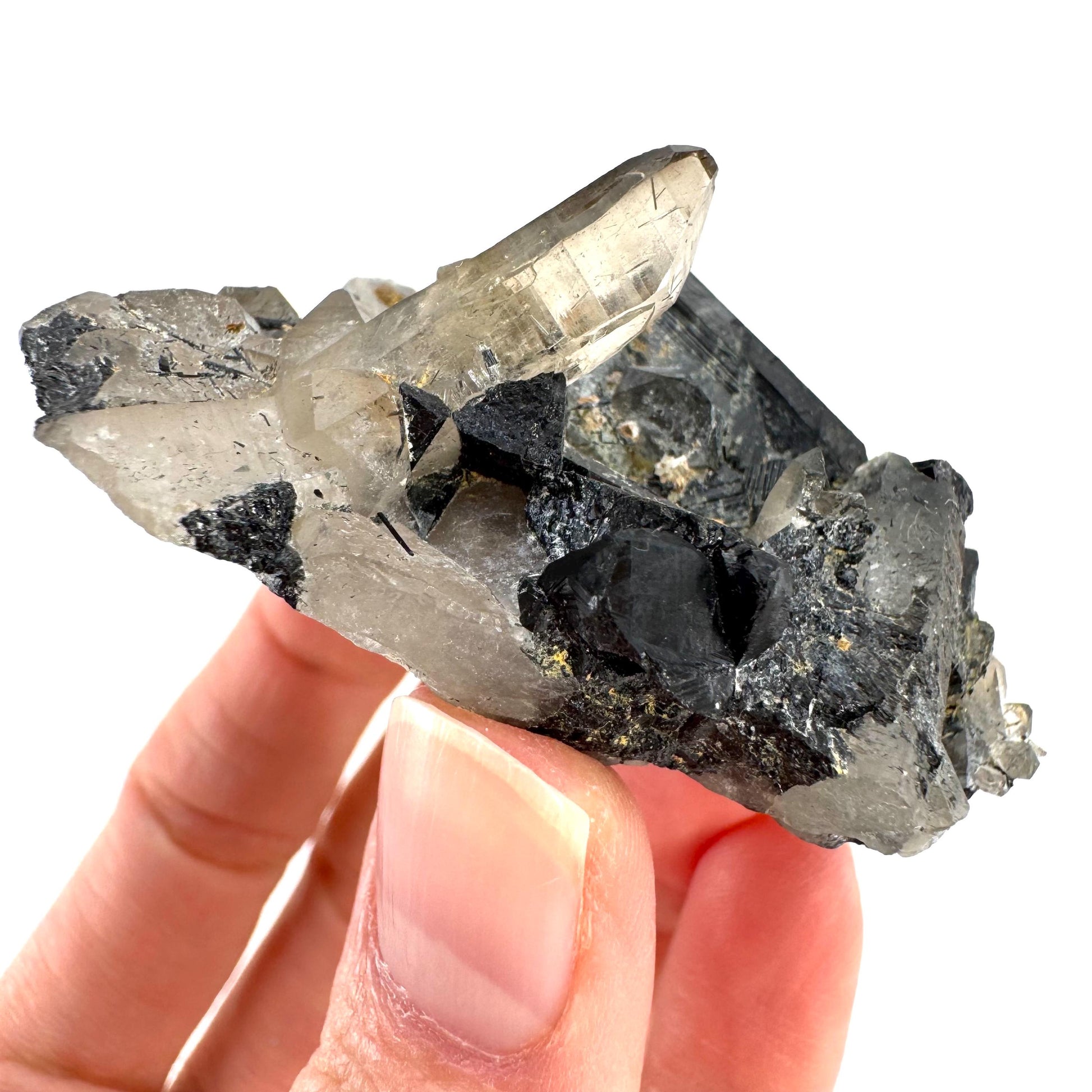 Black Tourmaline on Smoky Quartz | schorl crystal cluster, mineral specimen from Namibia