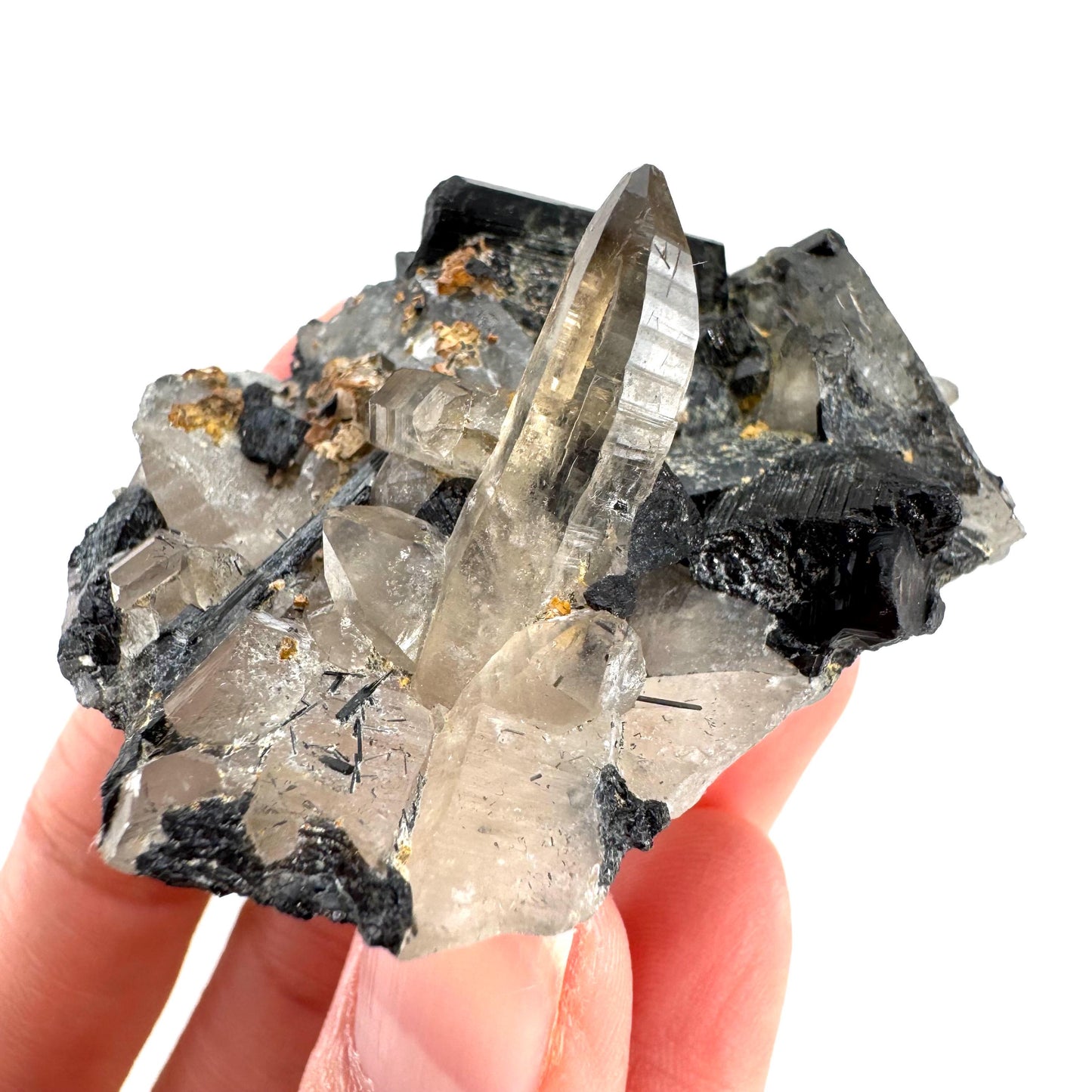 Black Tourmaline on Smoky Quartz | schorl crystal cluster, mineral specimen from Namibia