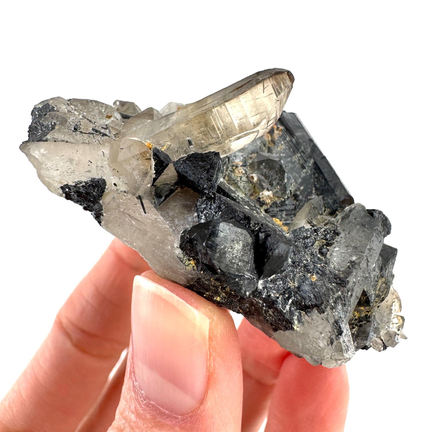 Black Tourmaline on Smoky Quartz | schorl crystal cluster, mineral specimen from Namibia