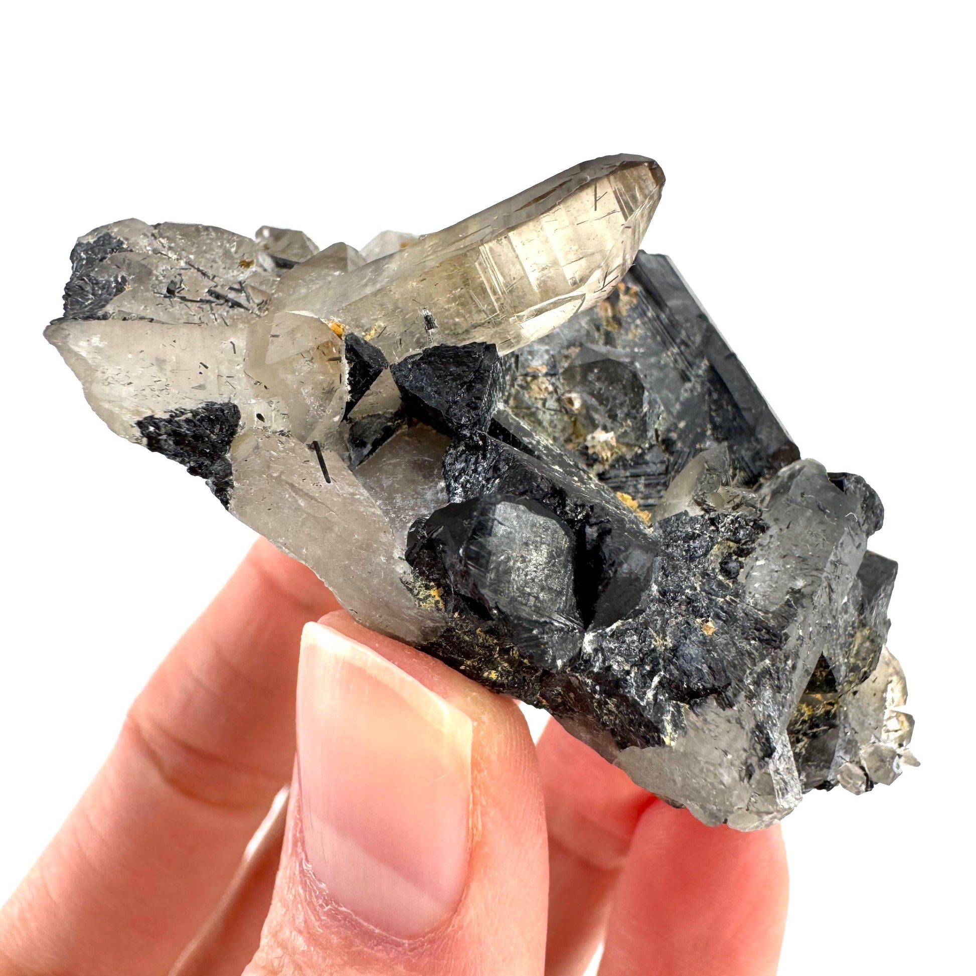 Black Tourmaline on Smoky Quartz | schorl crystal cluster, mineral specimen from Namibia