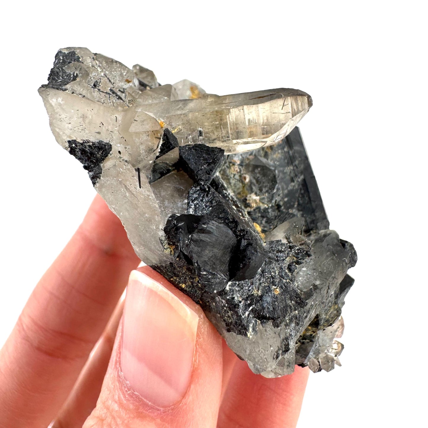Black Tourmaline on Smoky Quartz | schorl crystal cluster, mineral specimen from Namibia