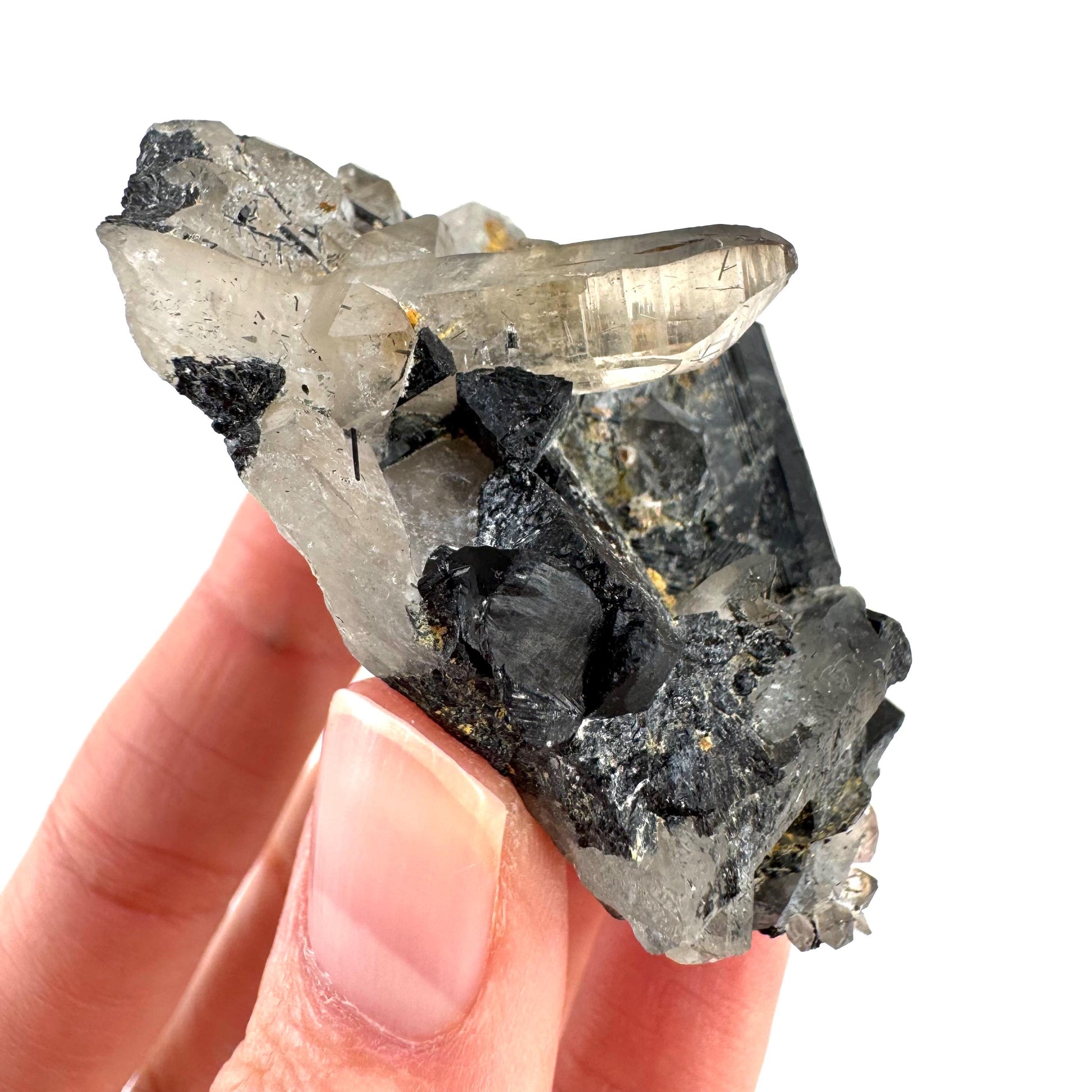 Black Tourmaline on Smoky Quartz | schorl crystal cluster, mineral specimen from Namibia