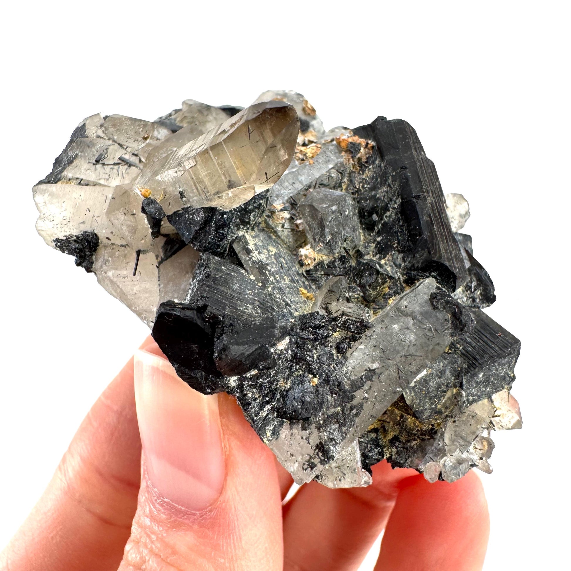 Black Tourmaline on Smoky Quartz | schorl crystal cluster, mineral specimen from Namibia