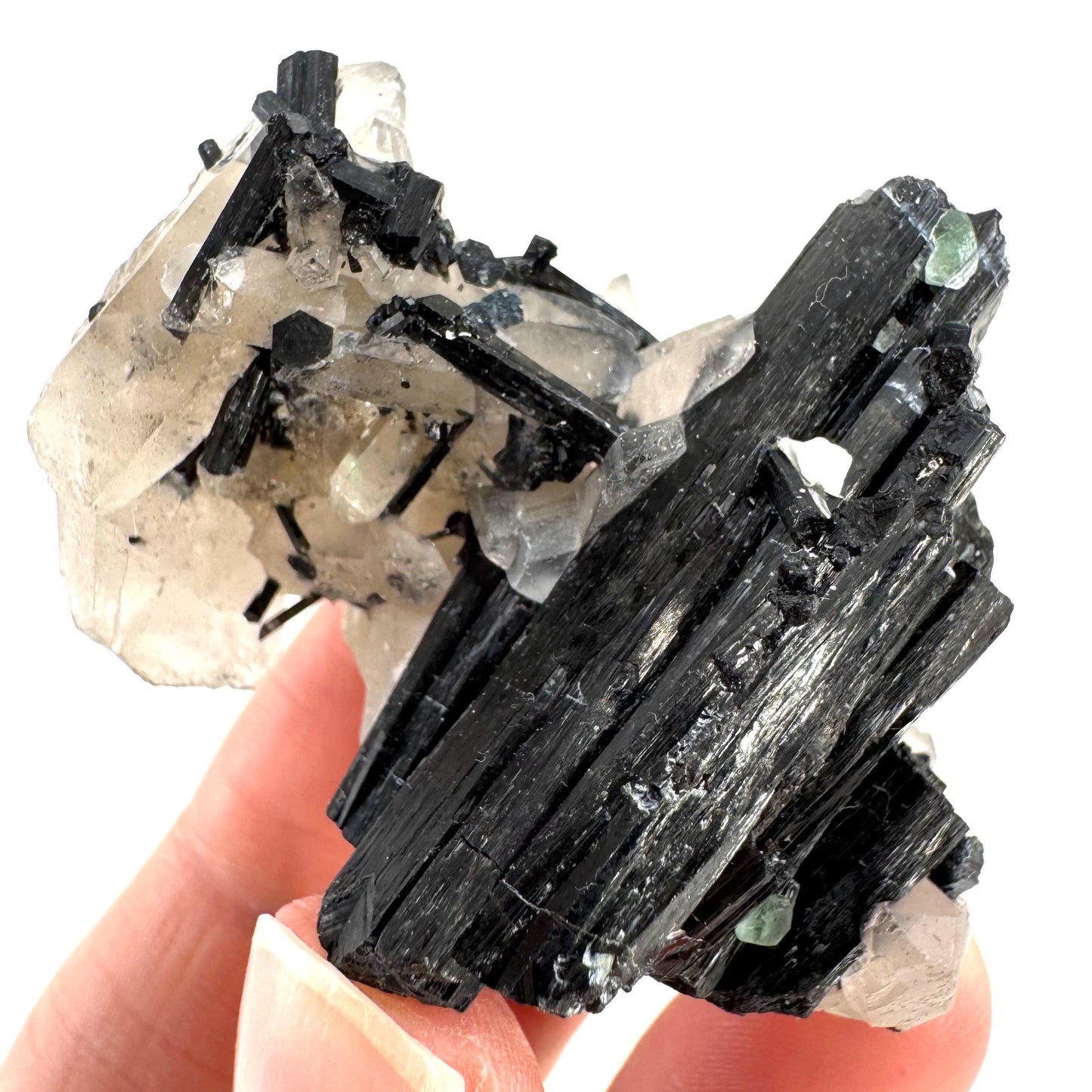 Black Tourmaline on Smoky Quartz w/ Fluorite | schorl crystal cluster, mineral specimen from Namibia