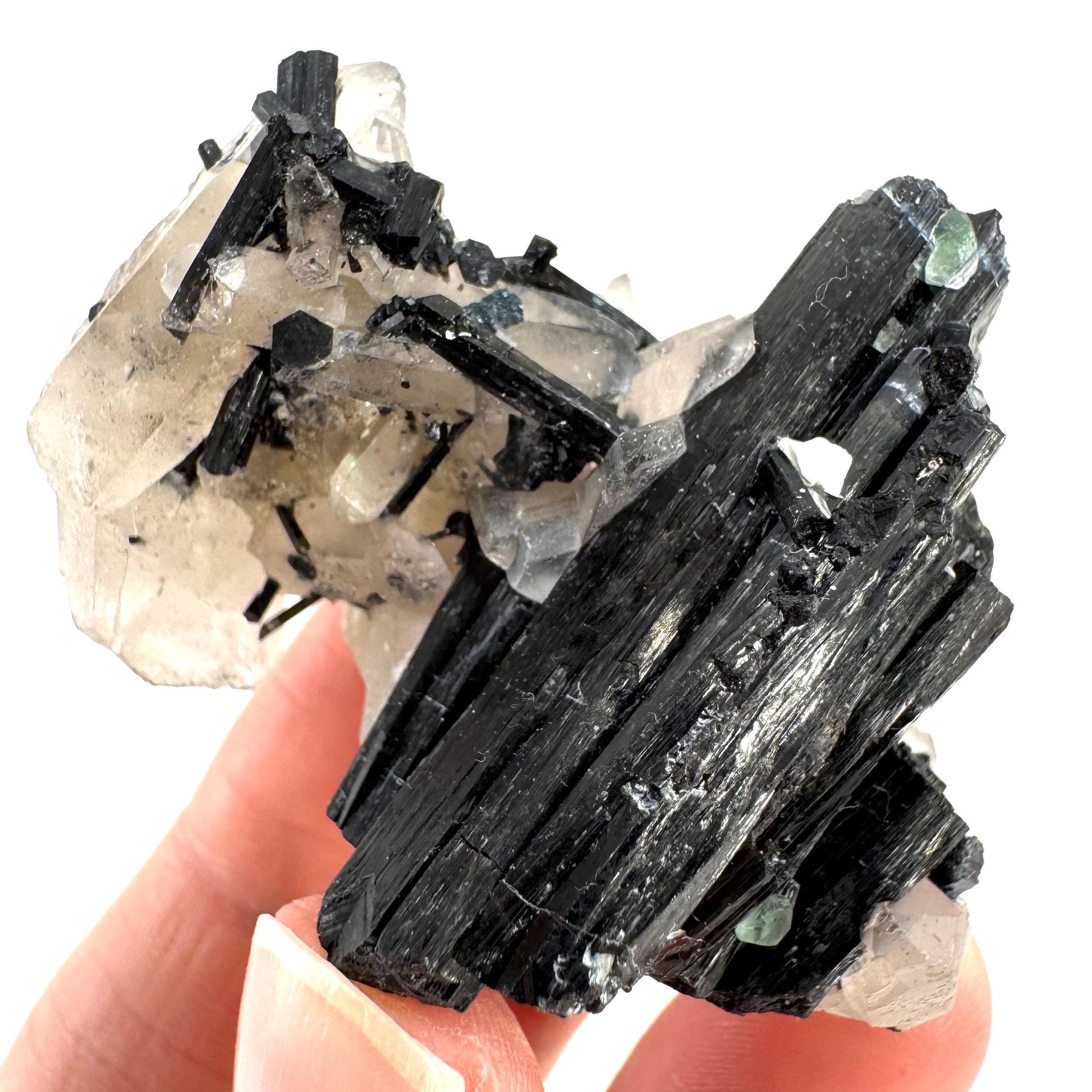 Black Tourmaline on Smoky Quartz w/ Fluorite | schorl crystal cluster, mineral specimen from Namibia