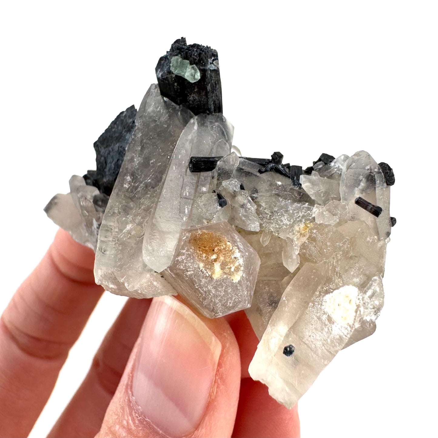 Black Tourmaline on Smoky Quartz w/ Fluorite | schorl crystal cluster, mineral specimen from Namibia