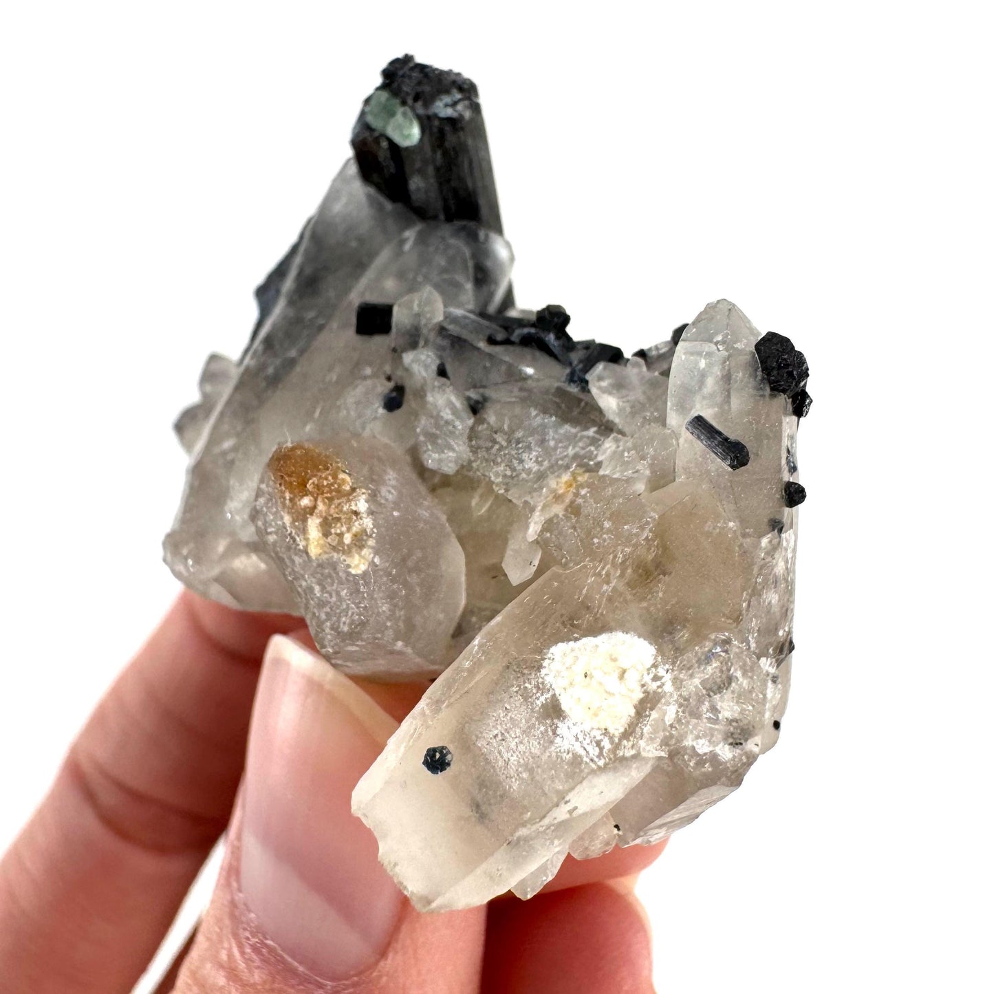 Black Tourmaline on Smoky Quartz w/ Fluorite | schorl crystal cluster, mineral specimen from Namibia
