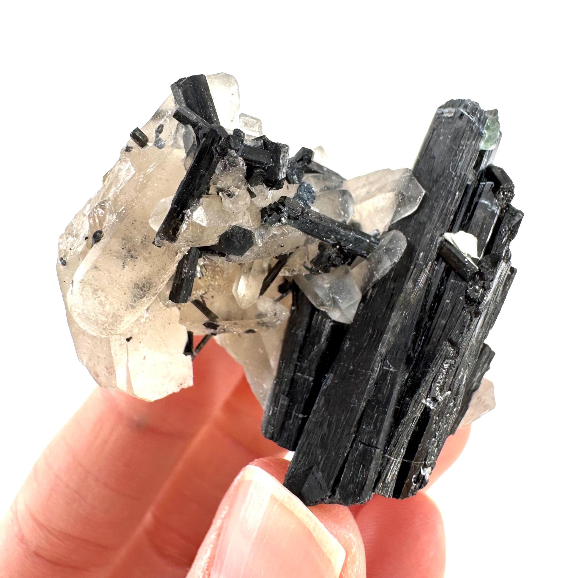 Black Tourmaline on Smoky Quartz w/ Fluorite | schorl crystal cluster, mineral specimen from Namibia