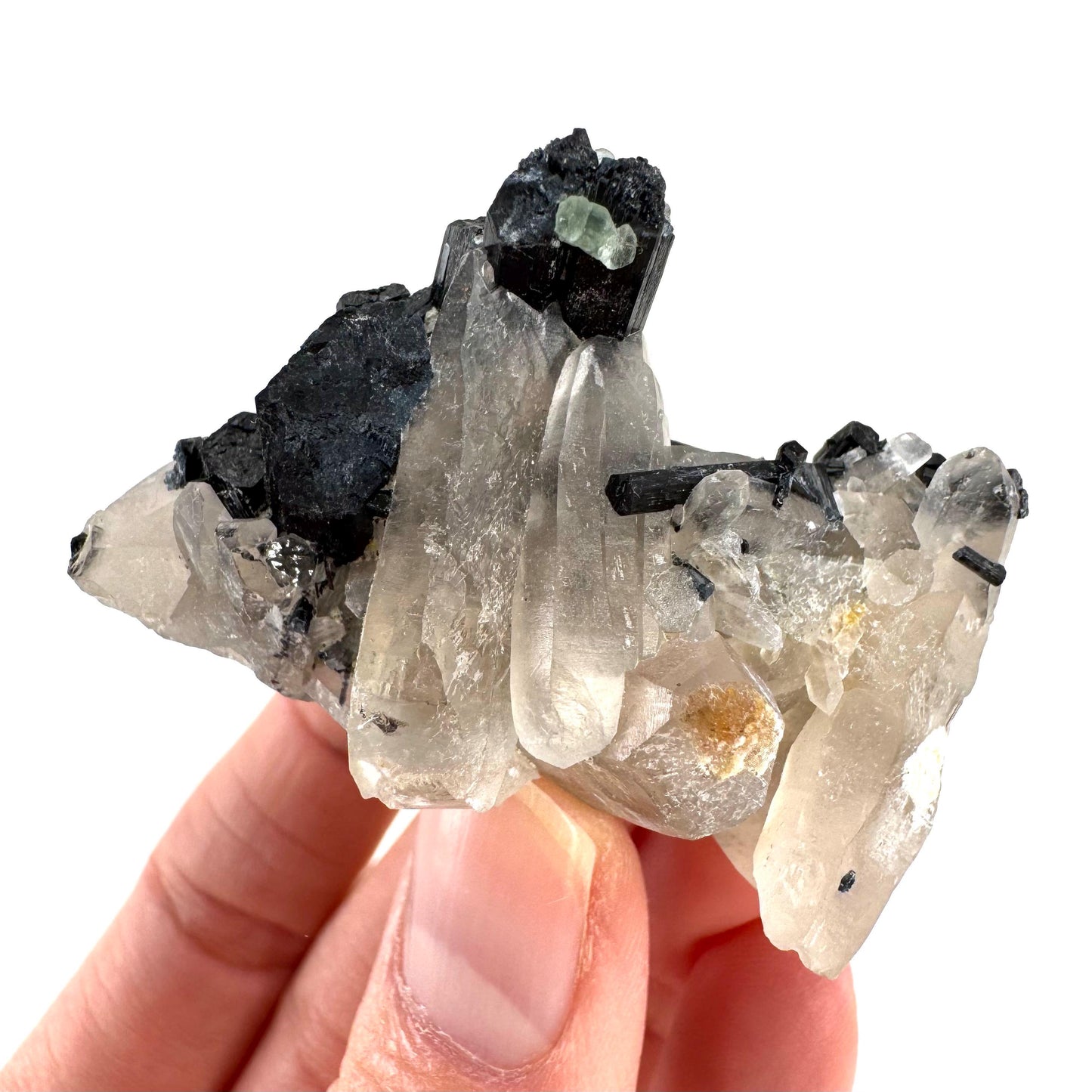 Black Tourmaline on Smoky Quartz w/ Fluorite | schorl crystal cluster, mineral specimen from Namibia