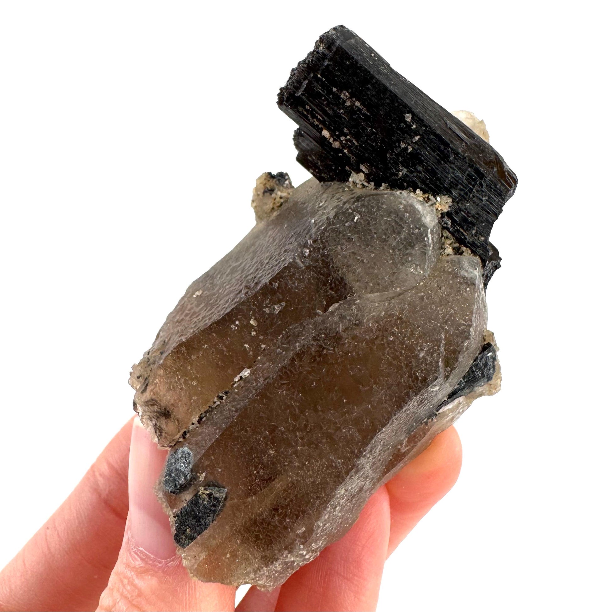 Black Tourmaline on Smoky Quartz | schorl crystal cluster, mineral specimen from Namibia