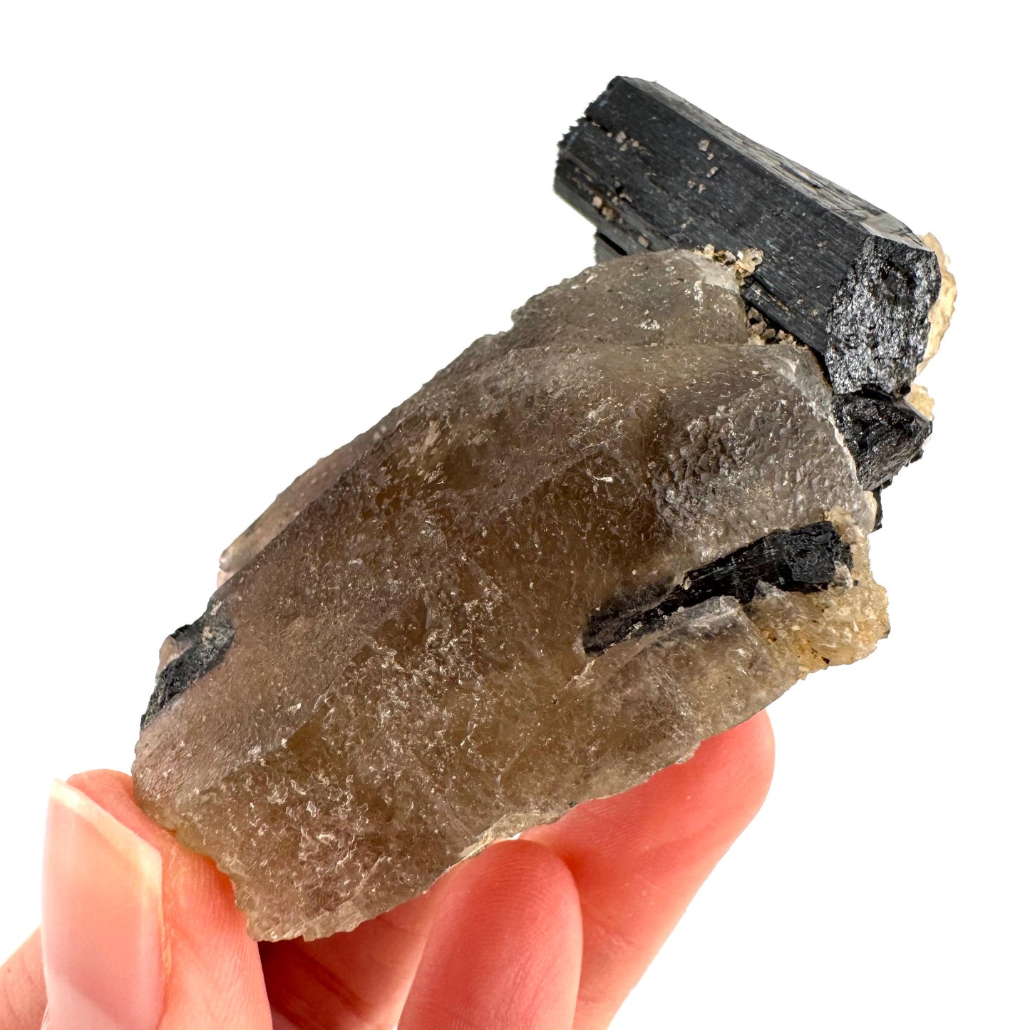 Black Tourmaline on Smoky Quartz | schorl crystal cluster, mineral specimen from Namibia