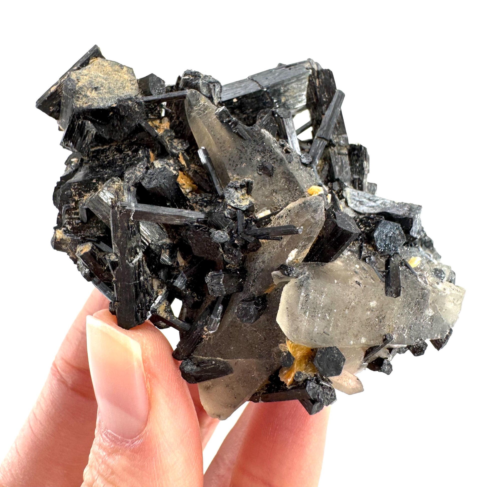 Smoky Quartz on Black Tourmaline | schorl crystal cluster, mineral specimen from Namibia