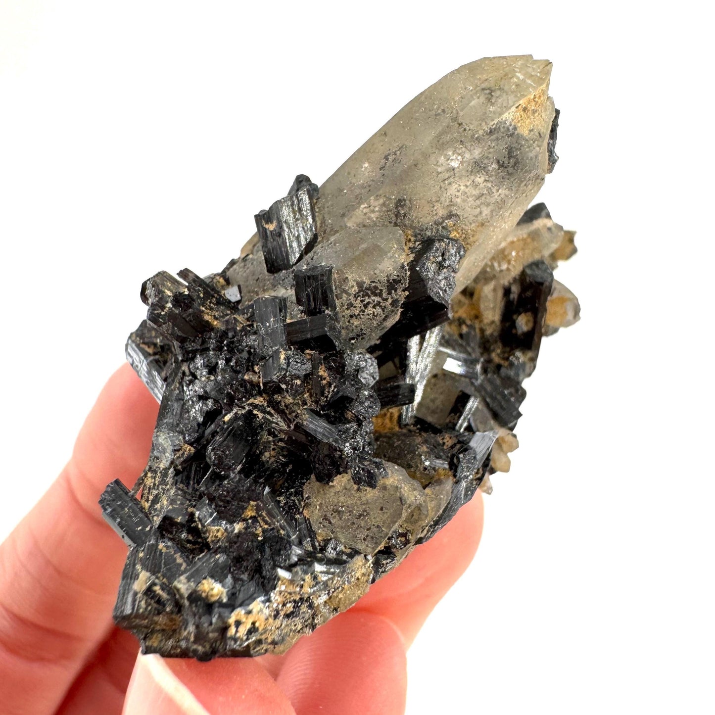 Smoky Quartz on Black Tourmaline | schorl crystal cluster, mineral specimen from Namibia