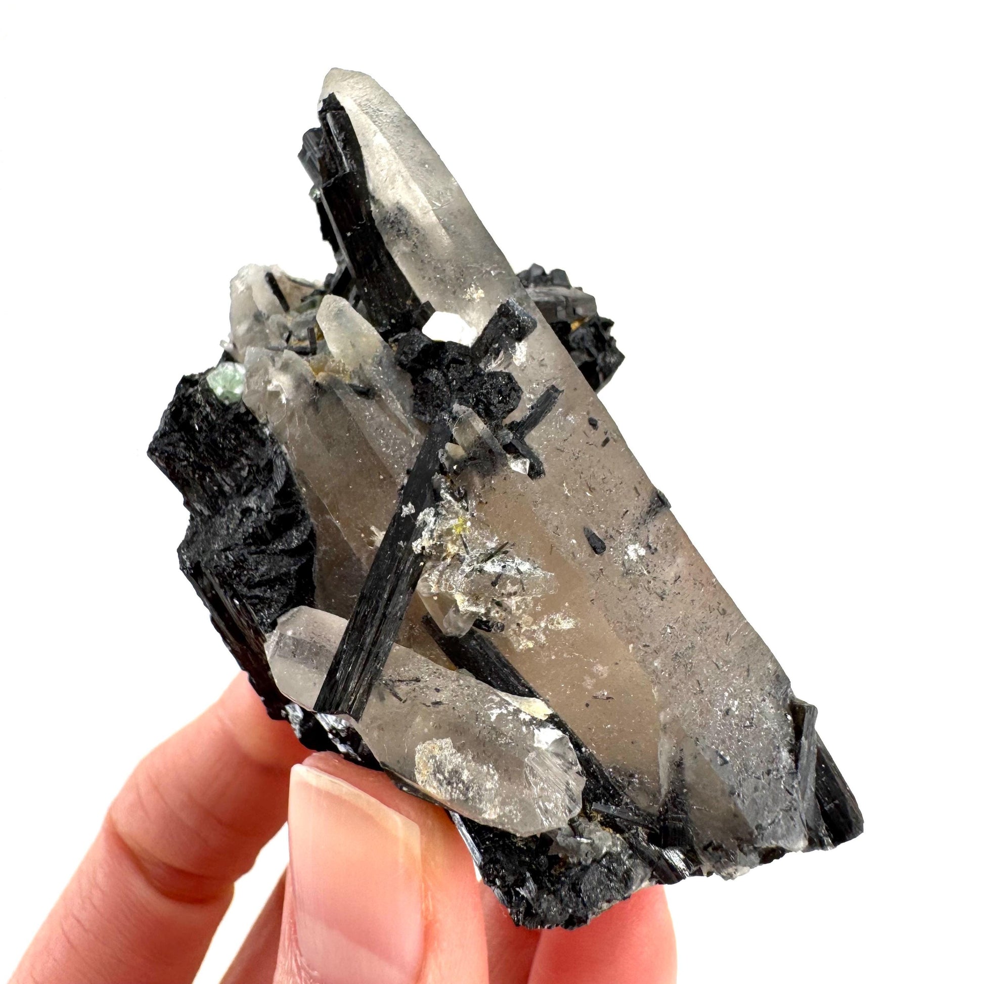 Black Tourmaline on Smoky Quartz | schorl crystal cluster, mineral specimen from Namibia
