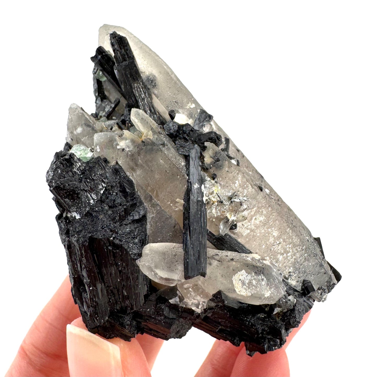 Black Tourmaline on Smoky Quartz | schorl crystal cluster, mineral specimen from Namibia