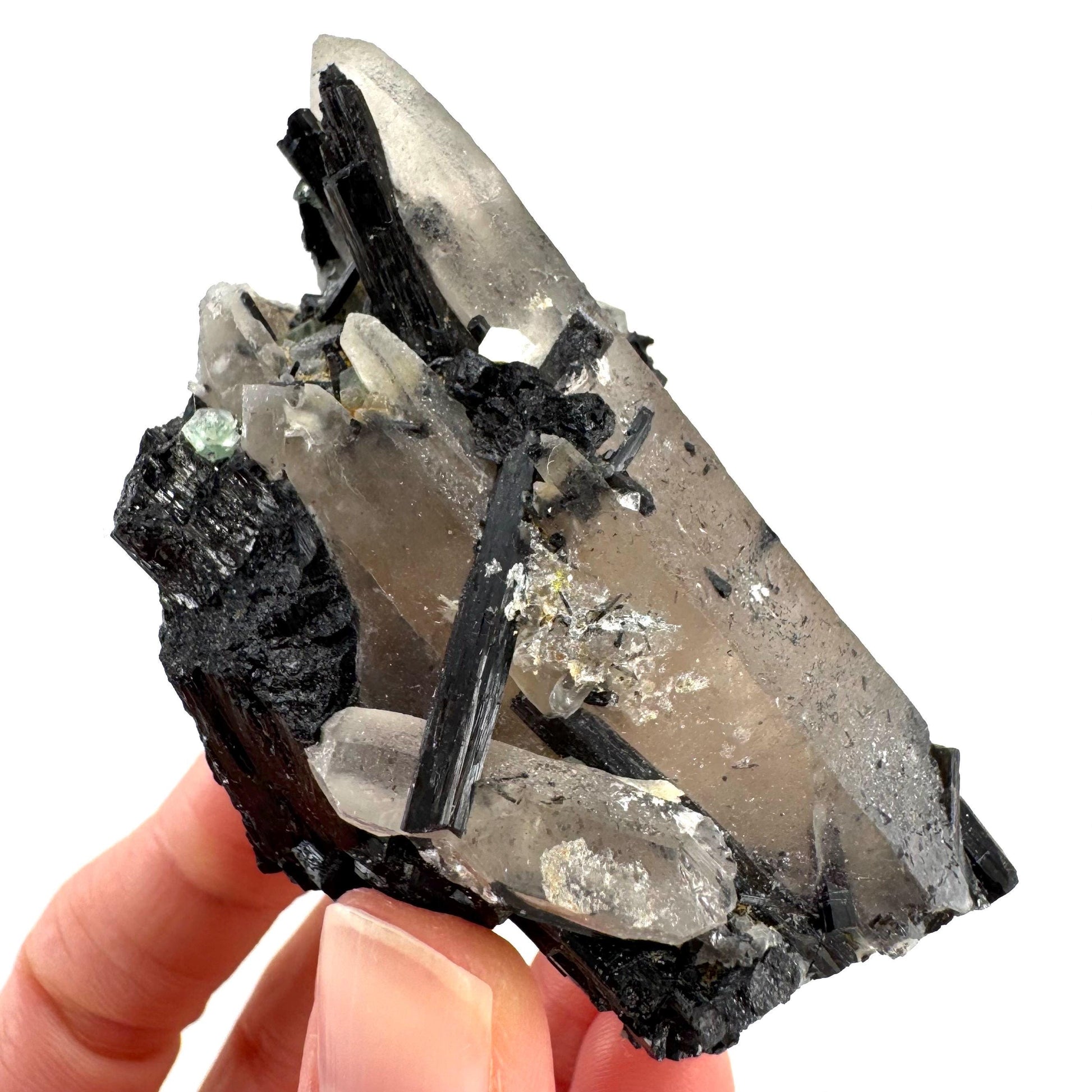 Black Tourmaline on Smoky Quartz | schorl crystal cluster, mineral specimen from Namibia