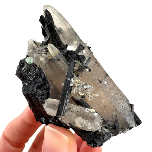 Black Tourmaline on Smoky Quartz | schorl crystal cluster, mineral specimen from Namibia