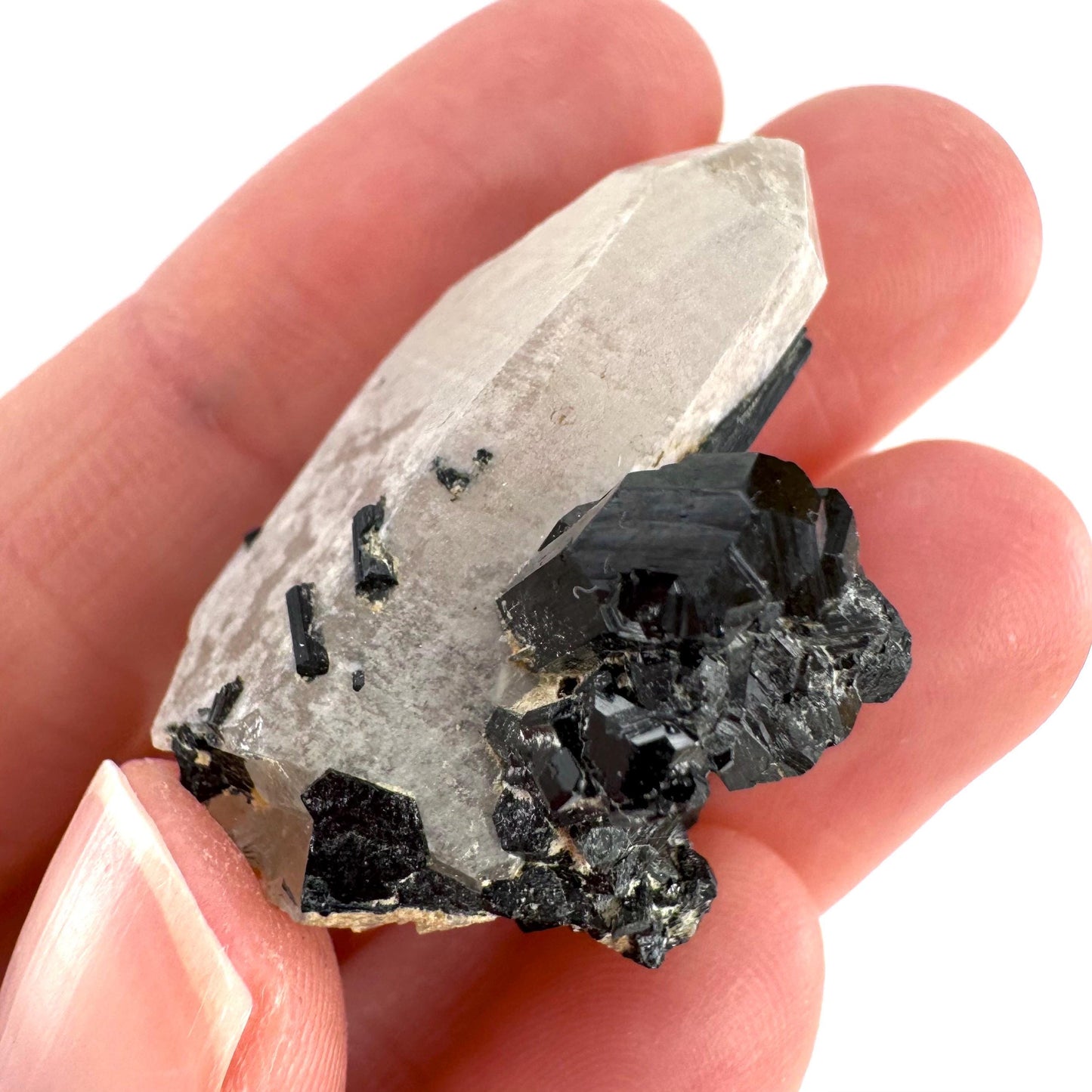 Black Tourmaline on Smoky Quartz | schorl crystal cluster, mineral specimen from Namibia