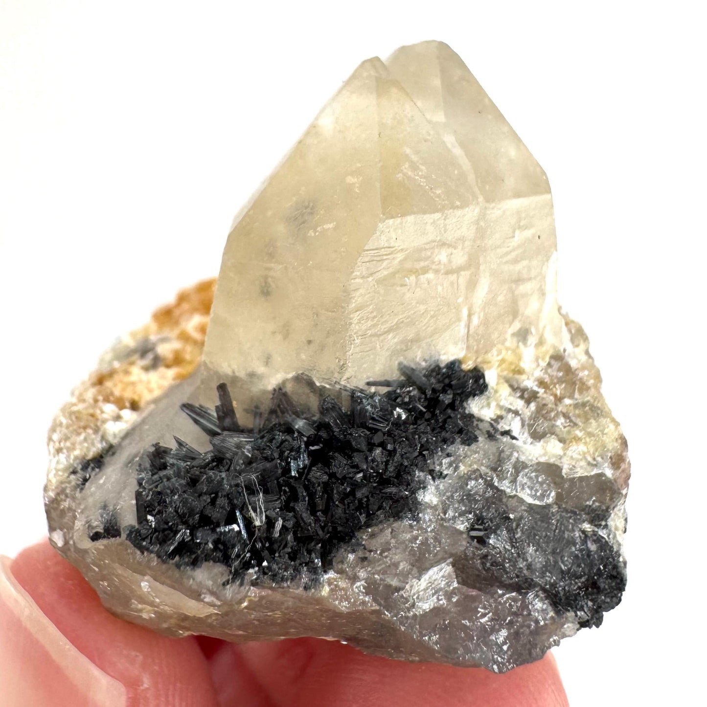 Black Tourmaline on Smoky Quartz | schorl crystal cluster, mineral specimen from Namibia