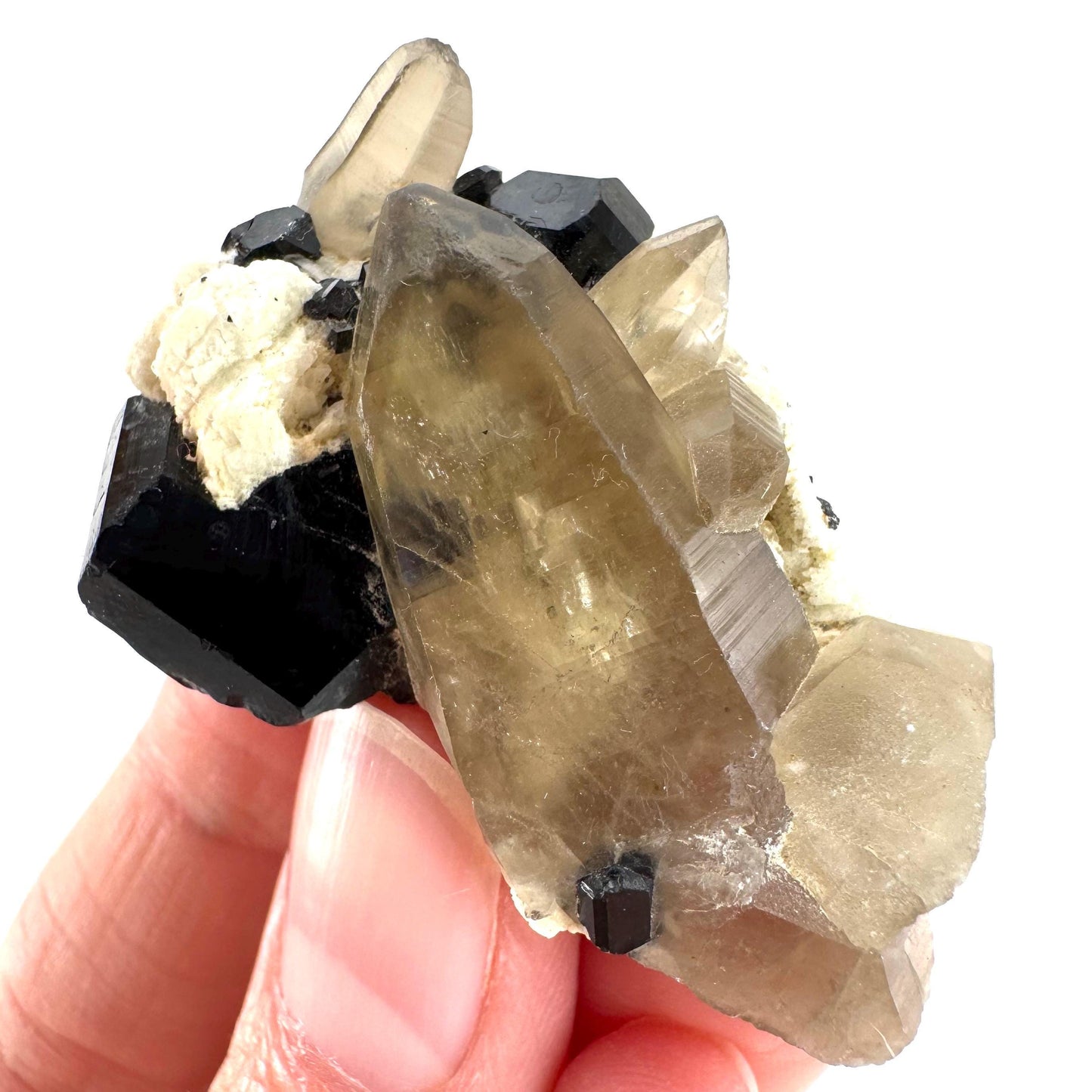 Black Tourmaline on Smoky Quartz | schorl crystal cluster, mineral specimen from Namibia