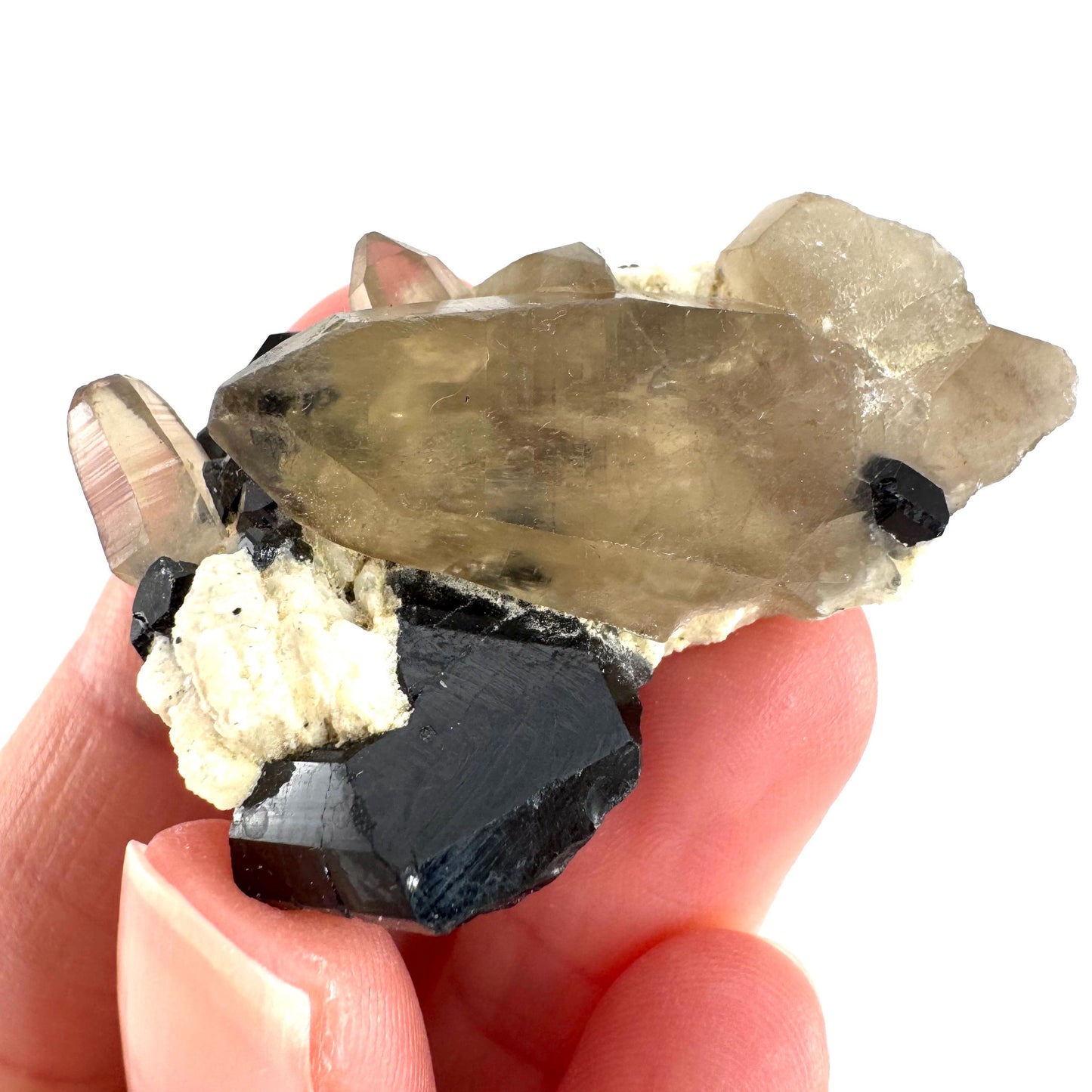 Black Tourmaline on Smoky Quartz | schorl crystal cluster, mineral specimen from Namibia