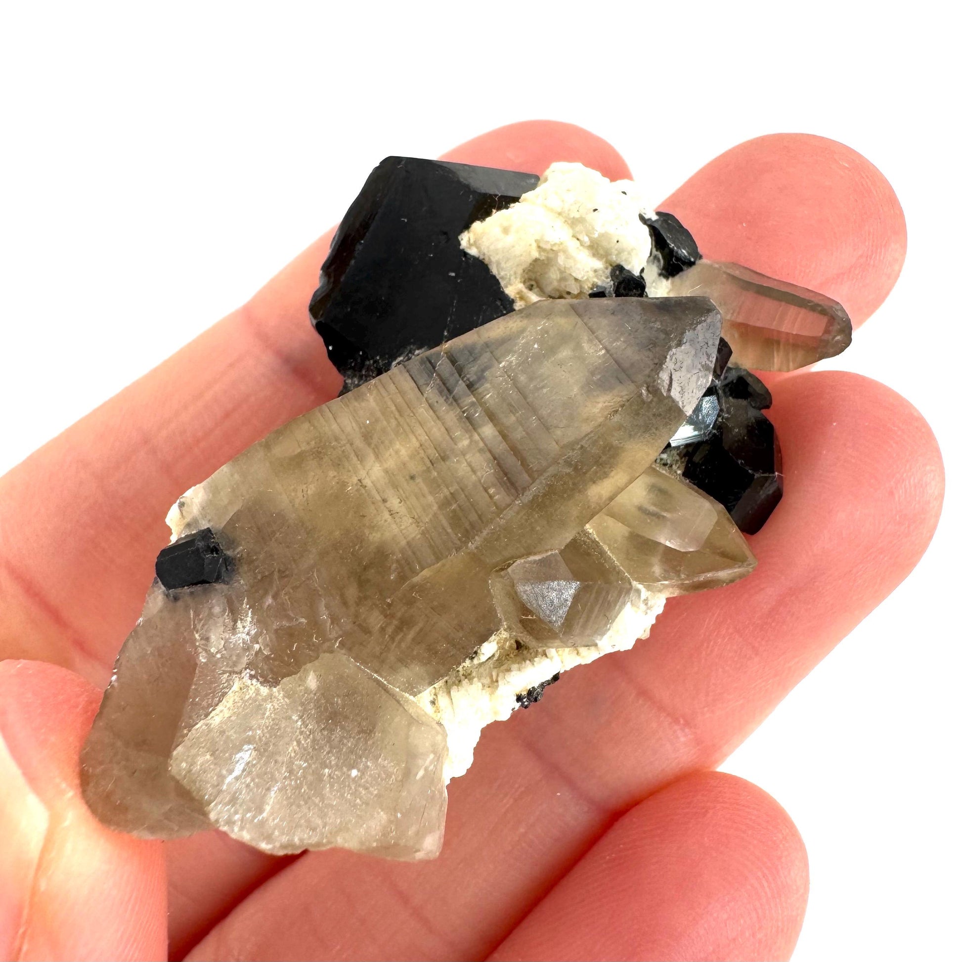 Black Tourmaline on Smoky Quartz | schorl crystal cluster, mineral specimen from Namibia
