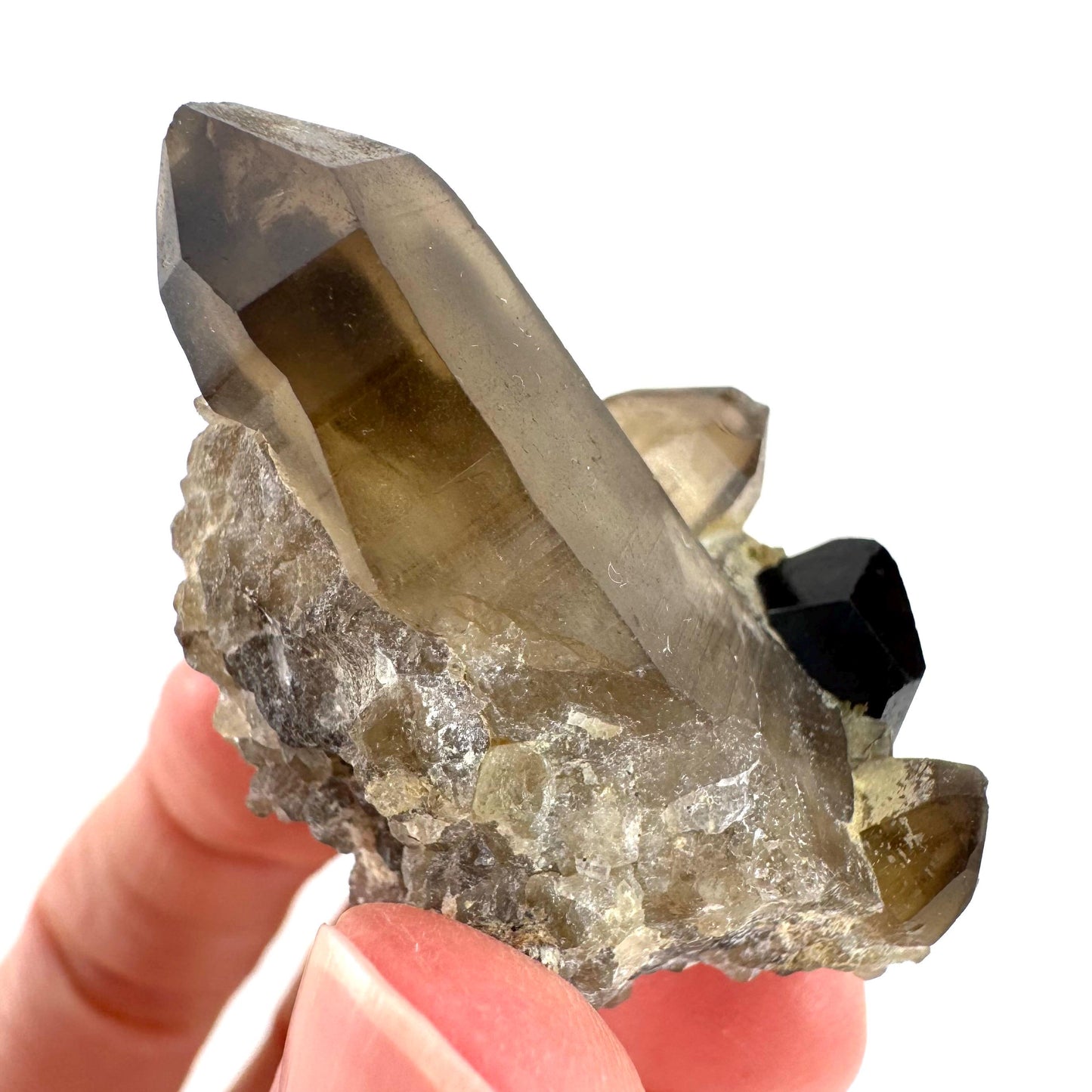 Black Tourmaline on Smoky Quartz | schorl crystal cluster, mineral specimen from Namibia