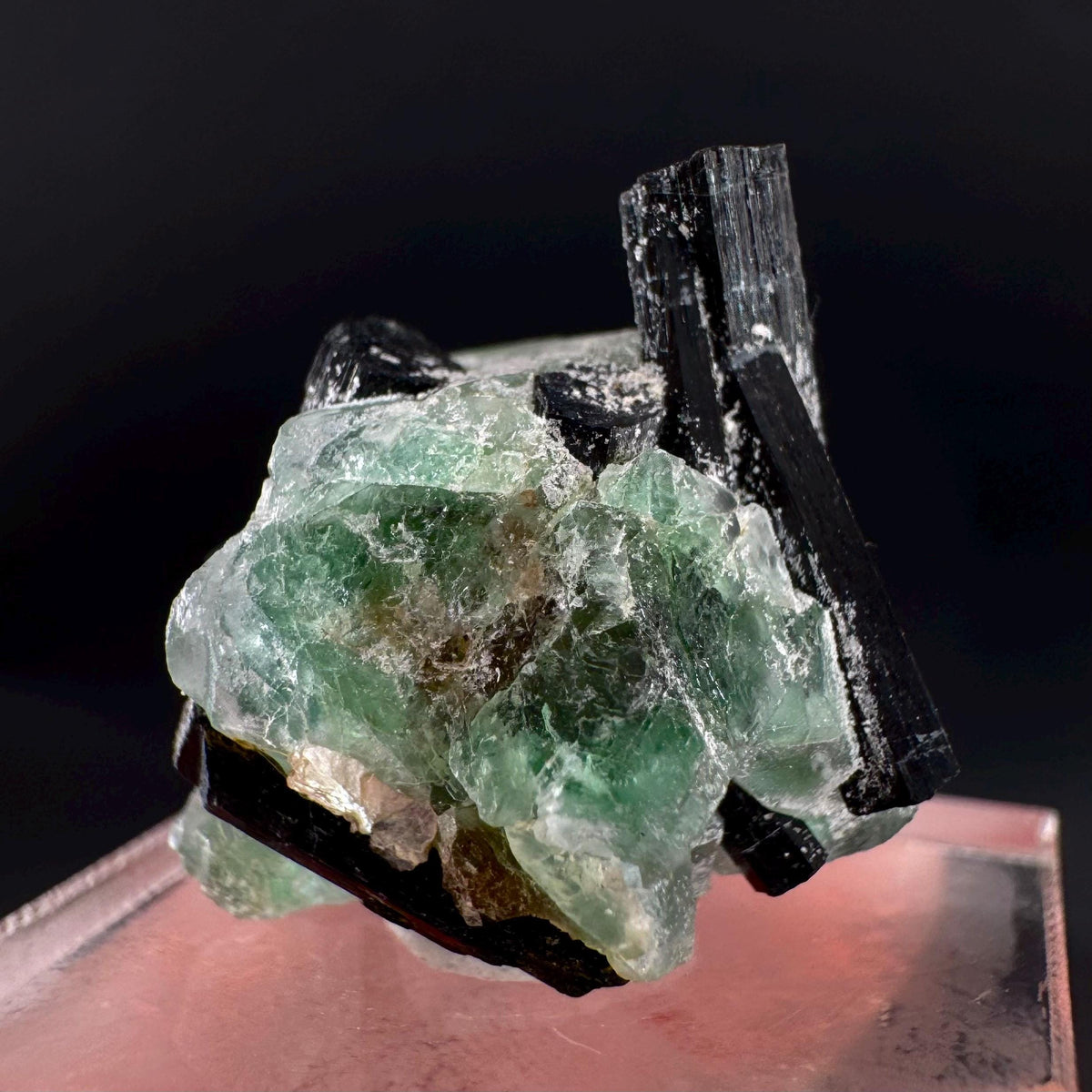 Fluorite w/ Black Tourmaline | Lollipop Pocket, green crystal, mineral specimen from Namibia