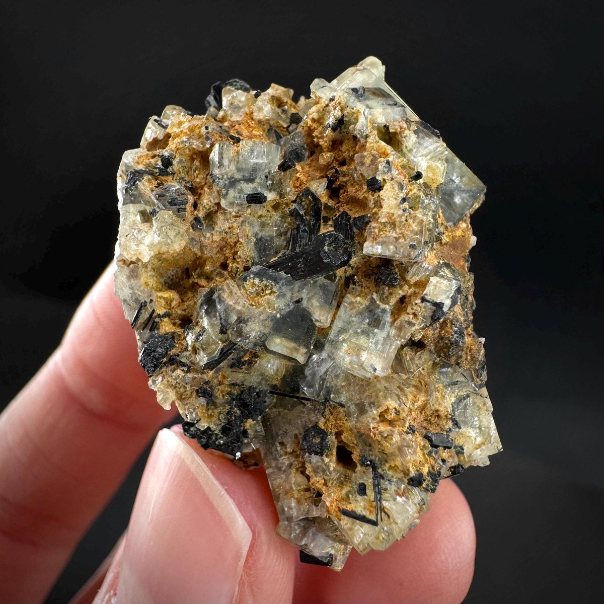 Beryl var. Goshenite with Black Tourmaline | natural crystal cluster, mineral specimen from Namibia