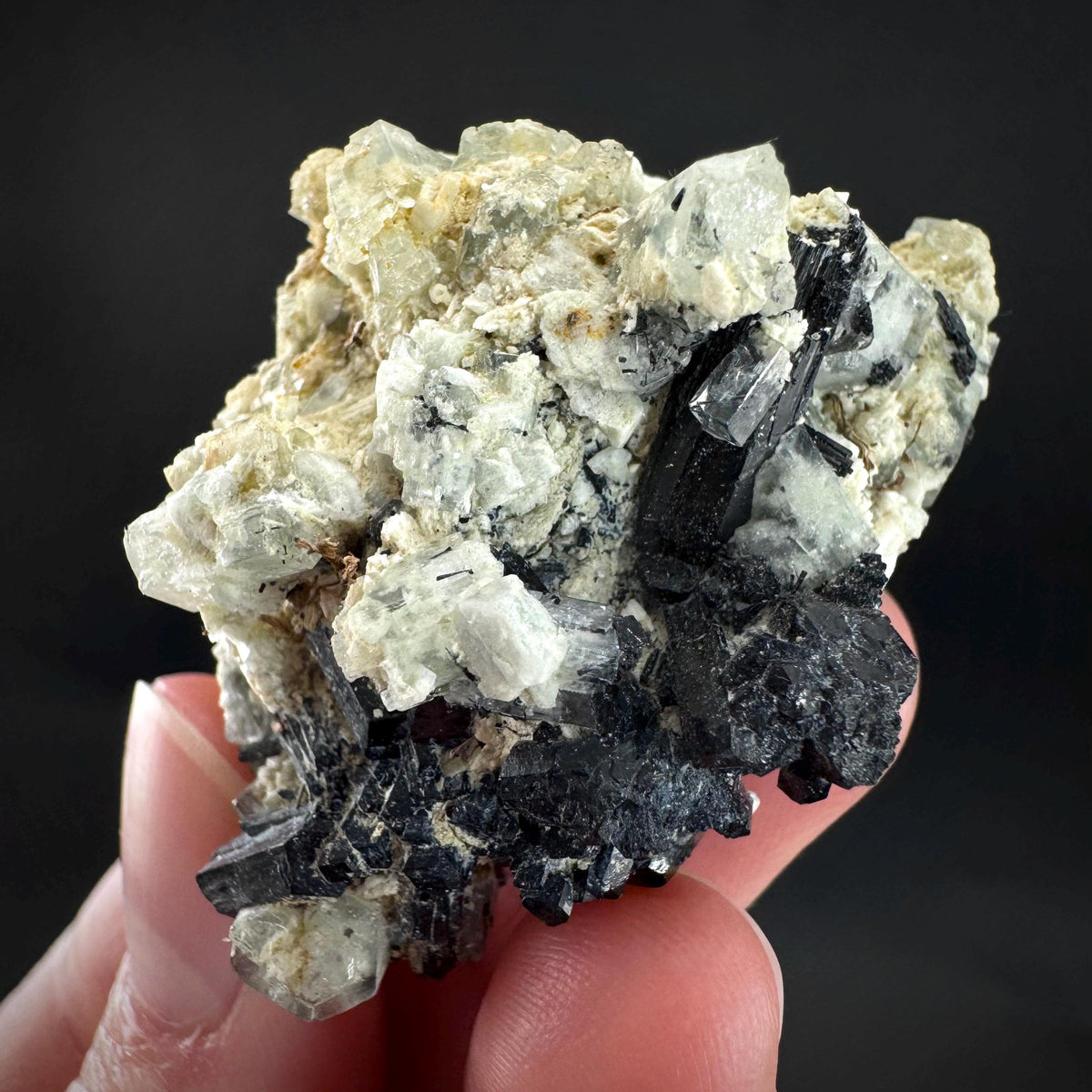 Beryl var. Goshenite with Black Tourmaline | natural crystal cluster, mineral specimen from Namibia