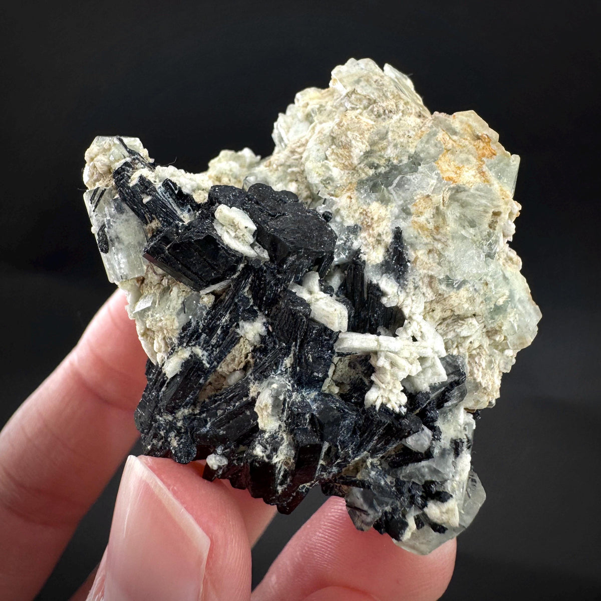 Beryl var. Goshenite with Black Tourmaline | natural crystal cluster, mineral specimen from Namibia