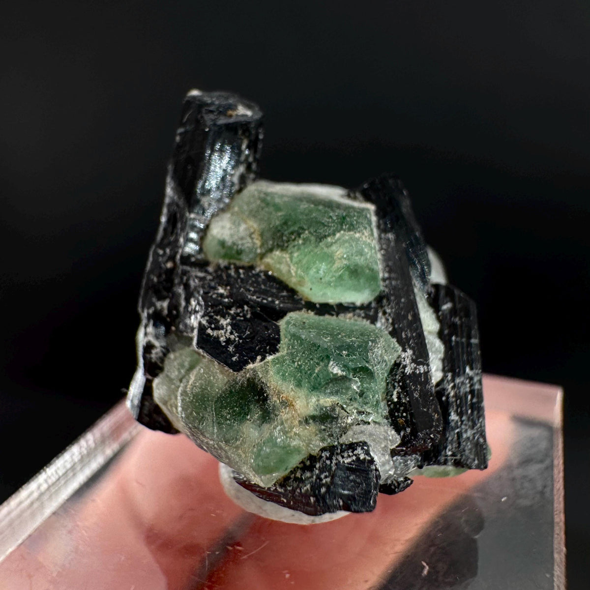 Fluorite w/ Black Tourmaline | Lollipop Pocket, green crystal, mineral specimen from Namibia