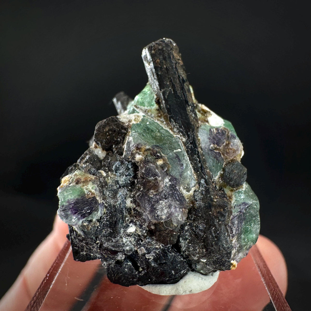 Fluorite w/ Black Tourmaline | Lollipop Pocket, green crystal, mineral specimen from Namibia