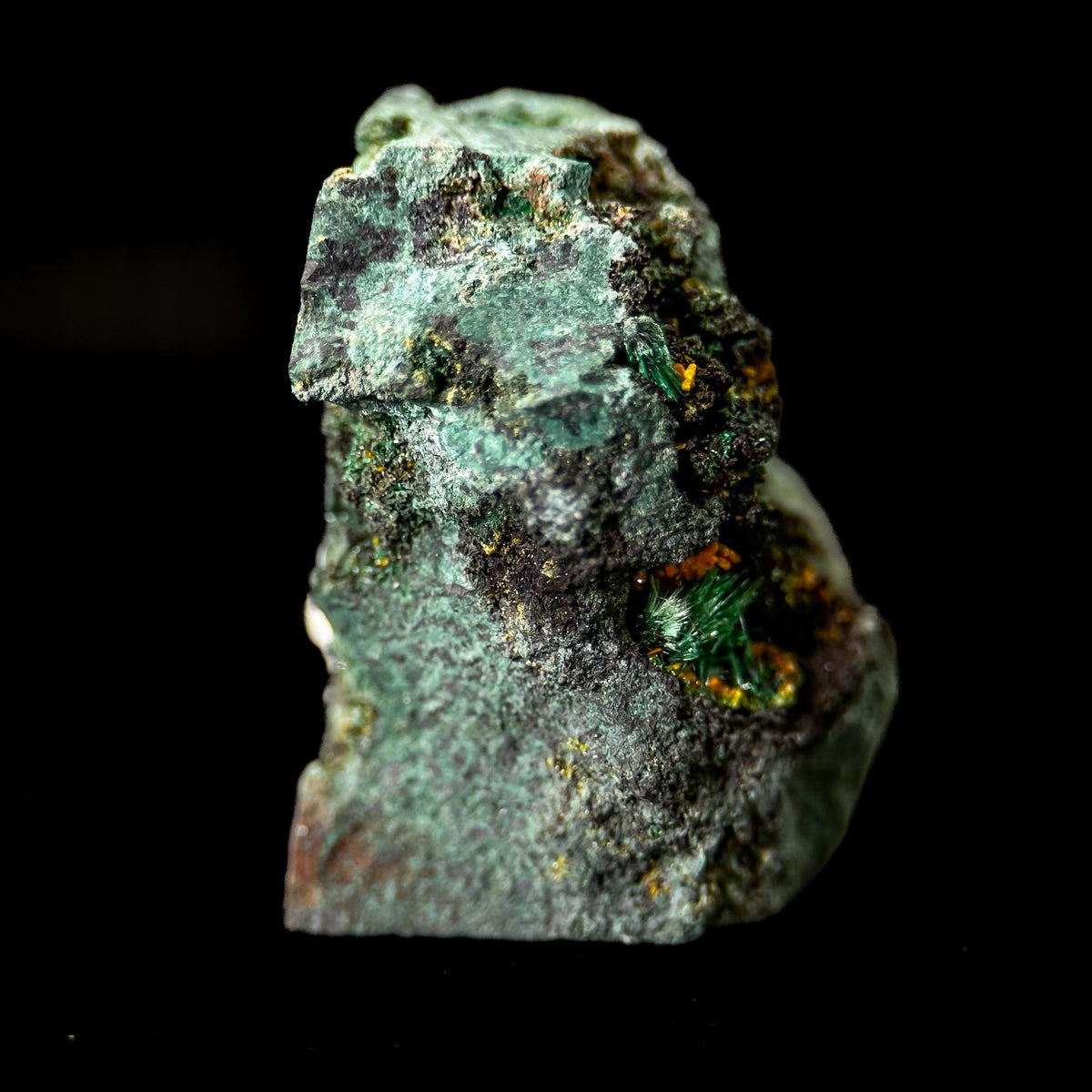 Kasolite w/ Malachite | orange and green crystal, rare mineral specimen from DR Congo