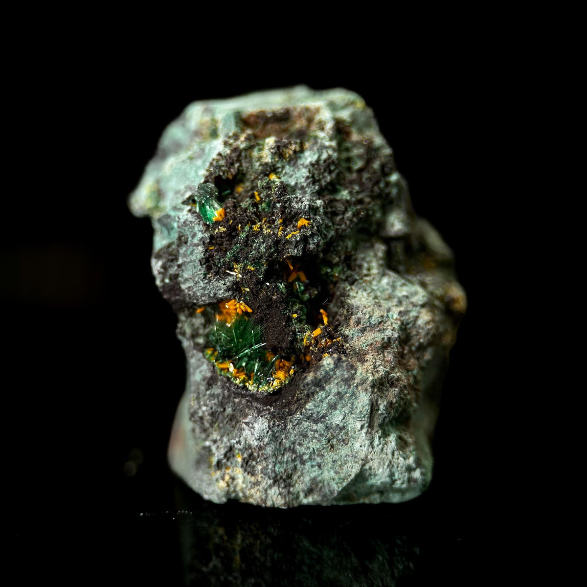 Kasolite w/ Malachite | orange and green crystal, rare mineral specimen from DR Congo