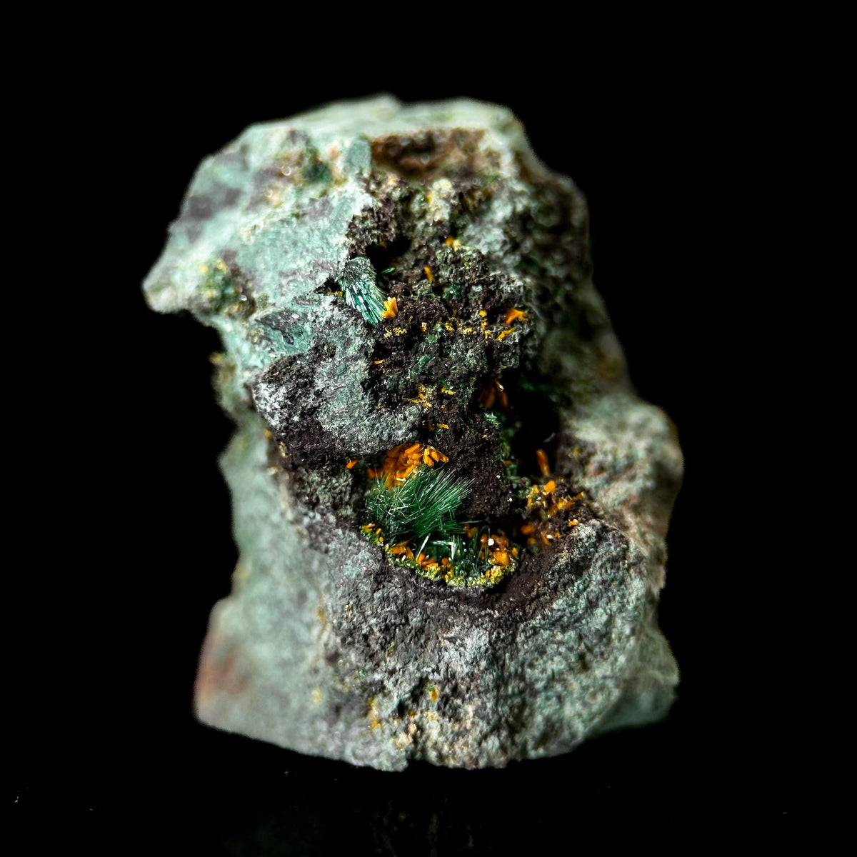 Kasolite w/ Malachite | orange and green crystal, rare mineral specimen from DR Congo