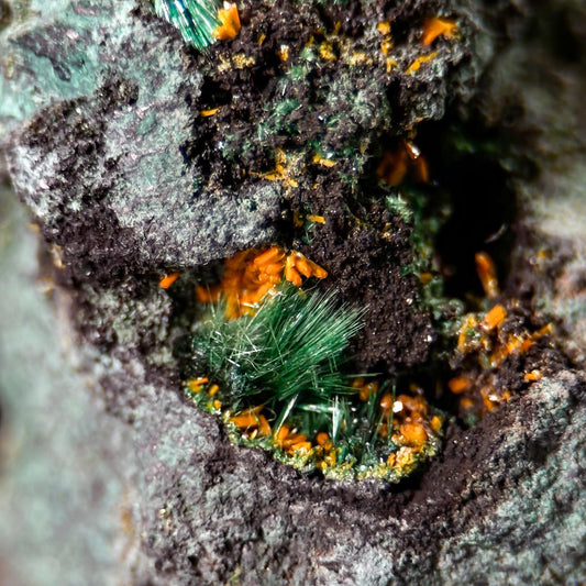 Kasolite w/ Malachite | orange and green crystal, rare mineral specimen from DR Congo