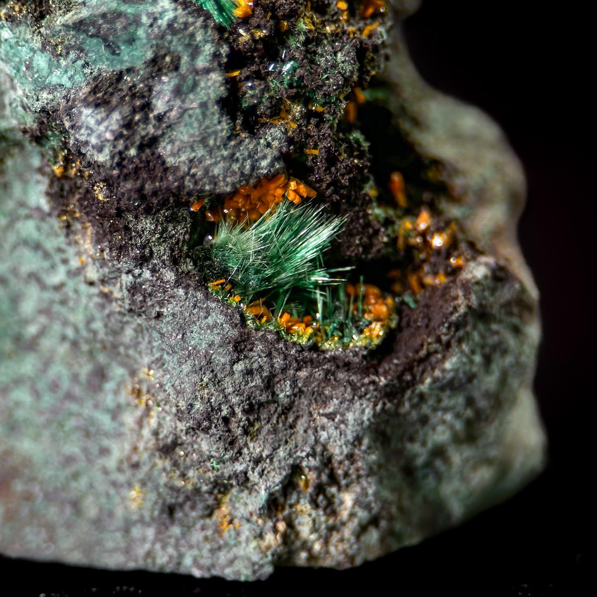 Kasolite w/ Malachite | orange and green crystal, rare mineral specimen from DR Congo