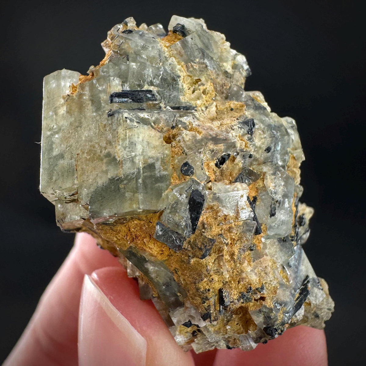 Beryl var. Goshenite with Black Tourmaline | natural crystal cluster, mineral specimen from Namibia