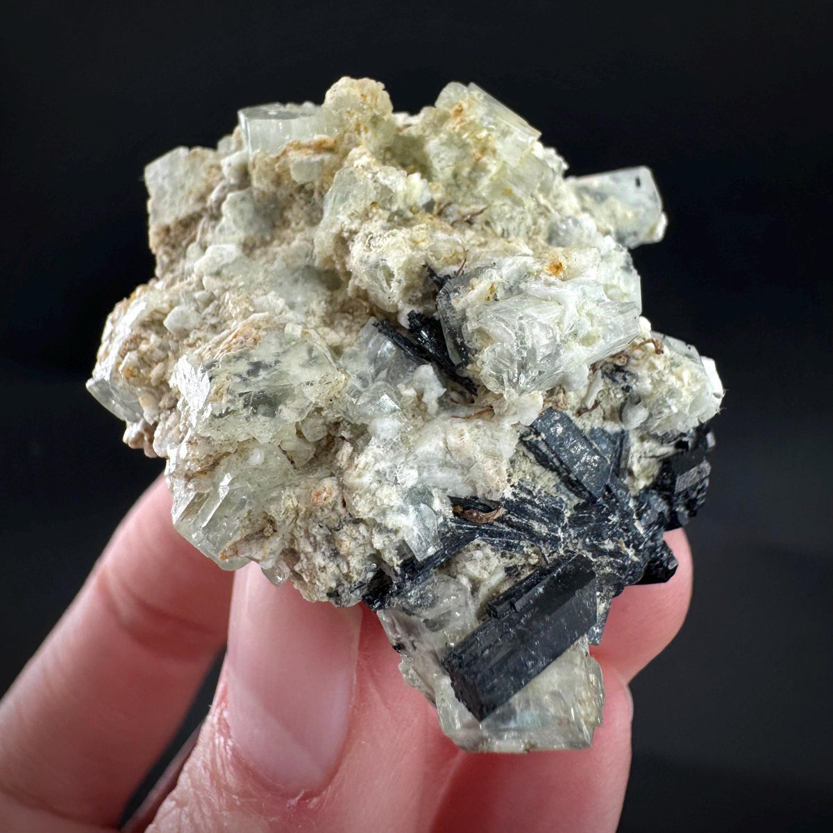Beryl var. Goshenite with Black Tourmaline | natural crystal cluster, mineral specimen from Namibia